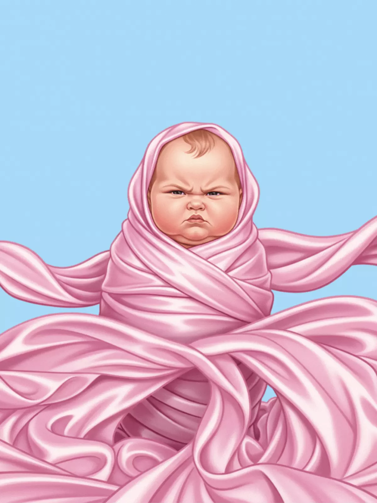 Humorous new baby card featuring a baby wrapped in a silk scarf, looking pampered and slightly annoyed. Illustration style, funny baby card.