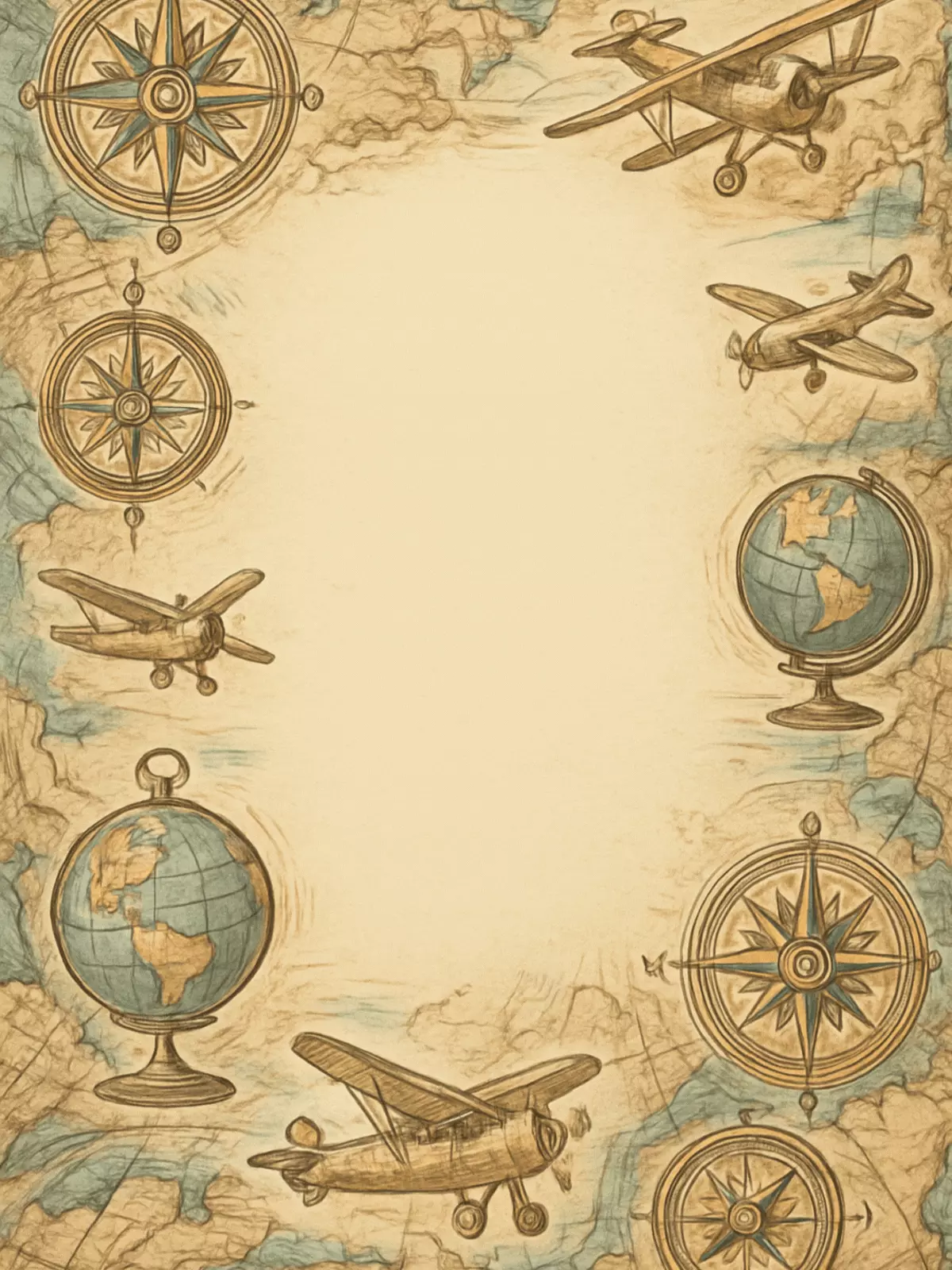 Farewell card with illustrated border of compasses, maps, and travel icons symbolizing new journeys, best wishes theme.