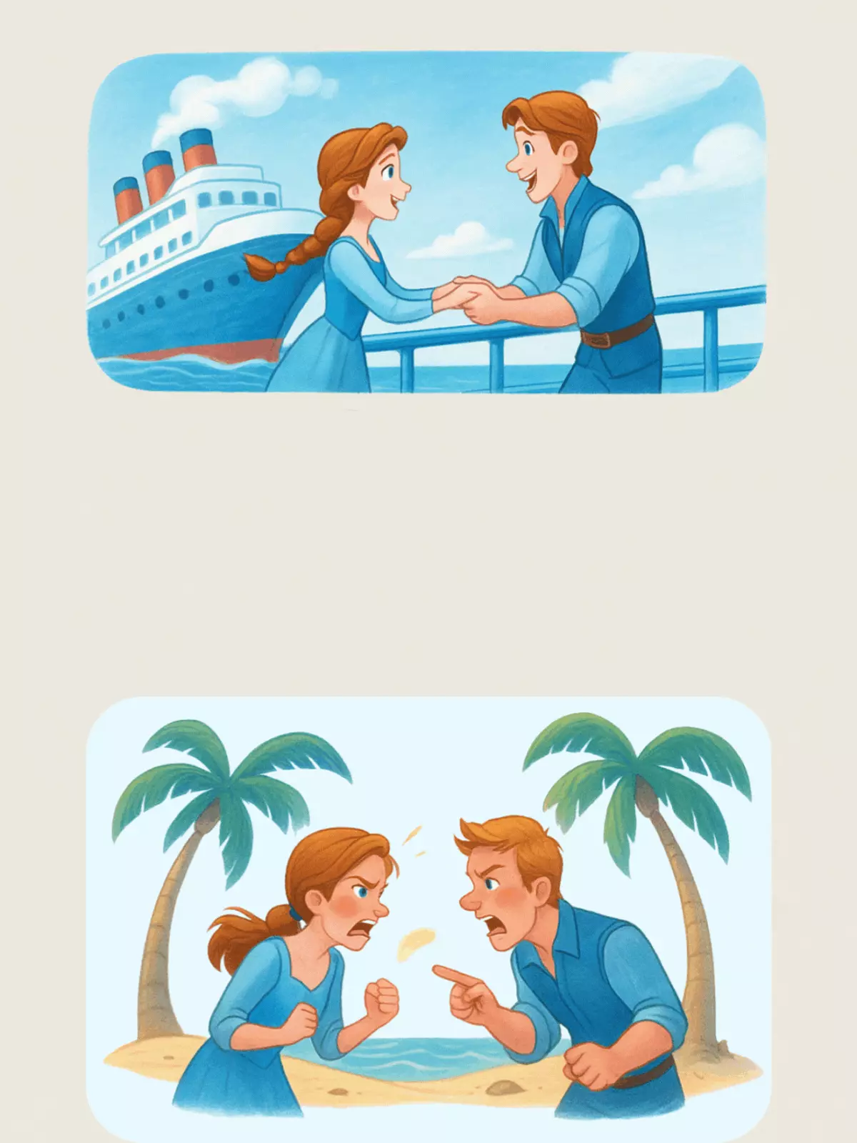 Funny wedding card illustration showing a honeymoon gone wrong in horizontal panels. Cartoon style, humorous take on travel mishaps, perfect for friends and colleagues celebrating a wedding.
