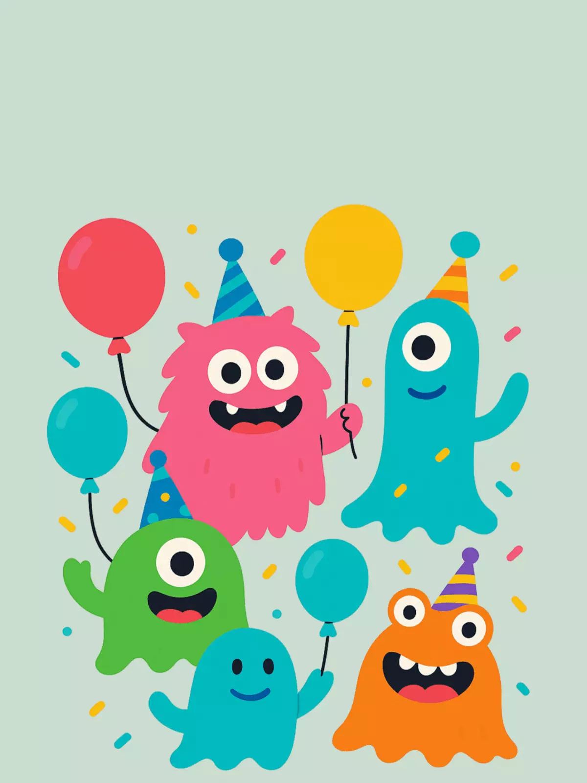 Colorful birthday card featuring cartoon monsters made of organic shapes, whimsical and funny style, for kids birthday celebrations.
