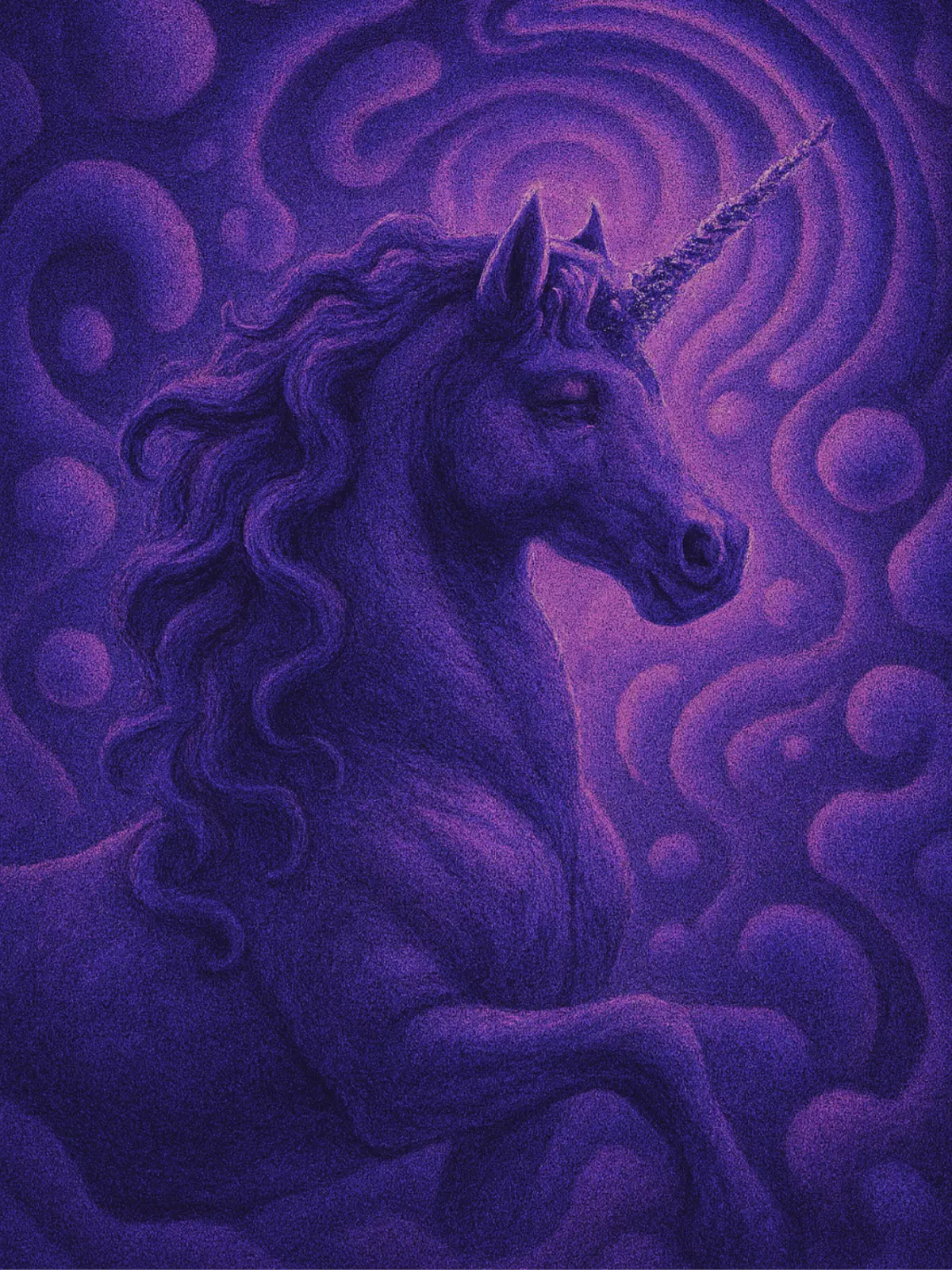 Whimsical birthday card featuring a velvet textured unicorn with a psychedelic surreal background. Humorous and dreamlike design for a magical birthday.