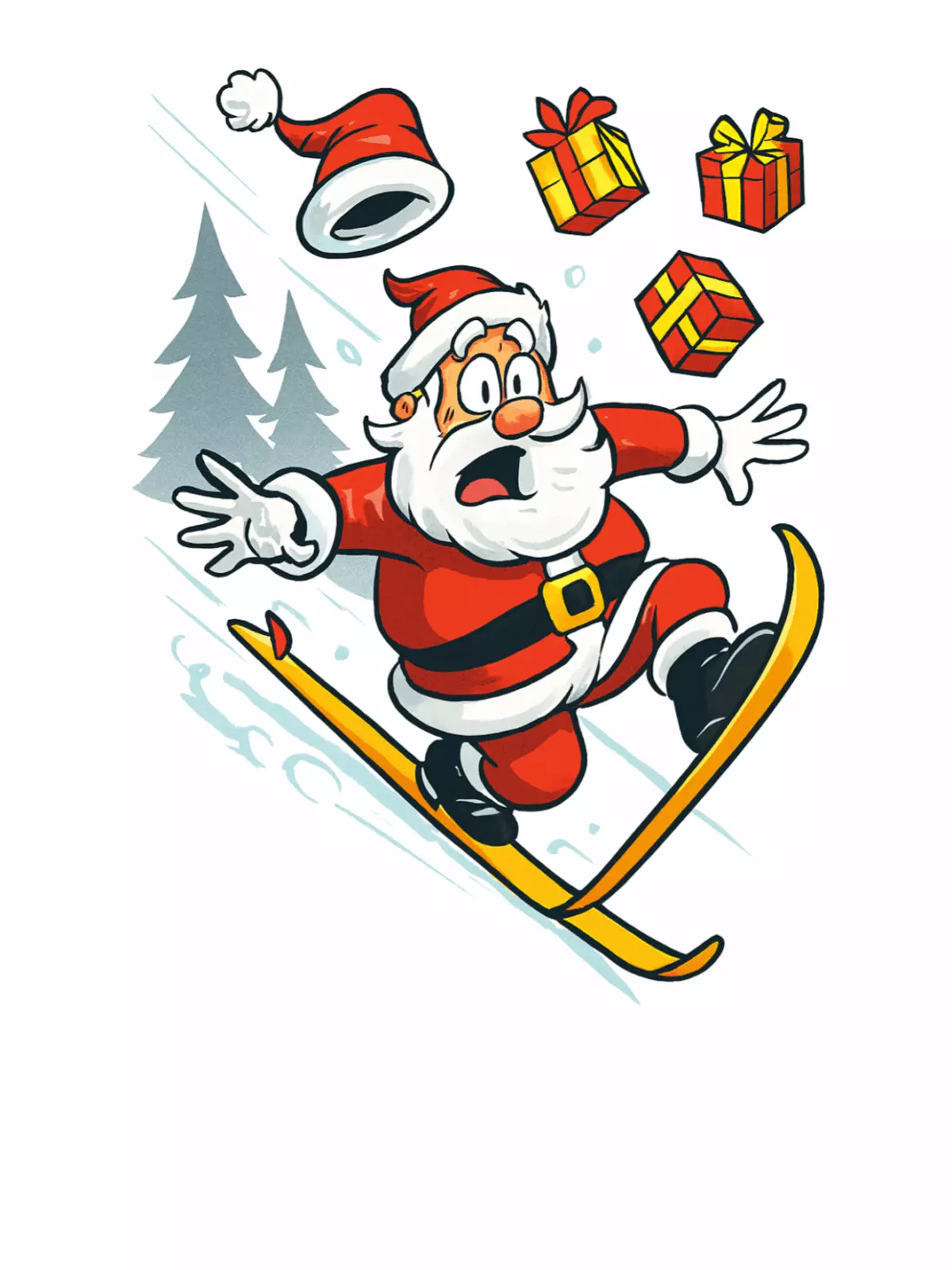 Humorous Christmas card featuring Santa Claus comically falling down a ski slope, diagonal design, whimsical style.