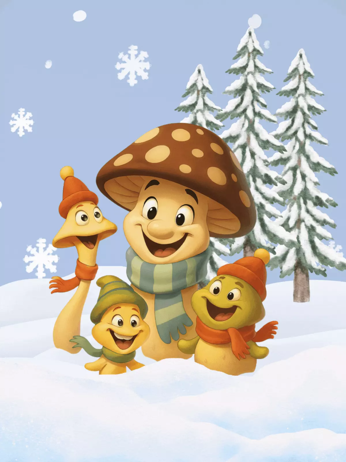 Whimsical Christmas card featuring cute anthropomorphic mushrooms in a snowy, earthy-toned landscape, funny and unique holiday greeting