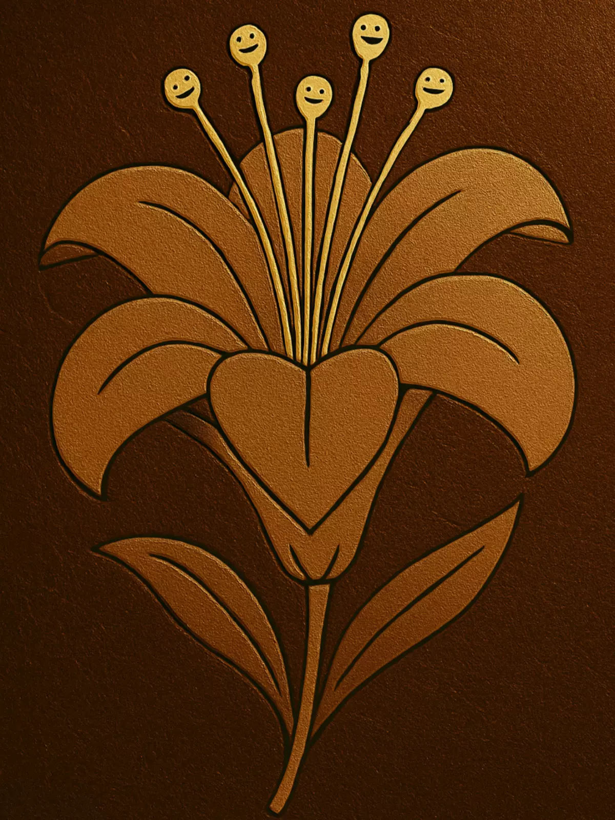 Funny welcome card featuring an oversized lily with exaggerated stamen and an embossed leather texture, perfect for new homes or colleagues.