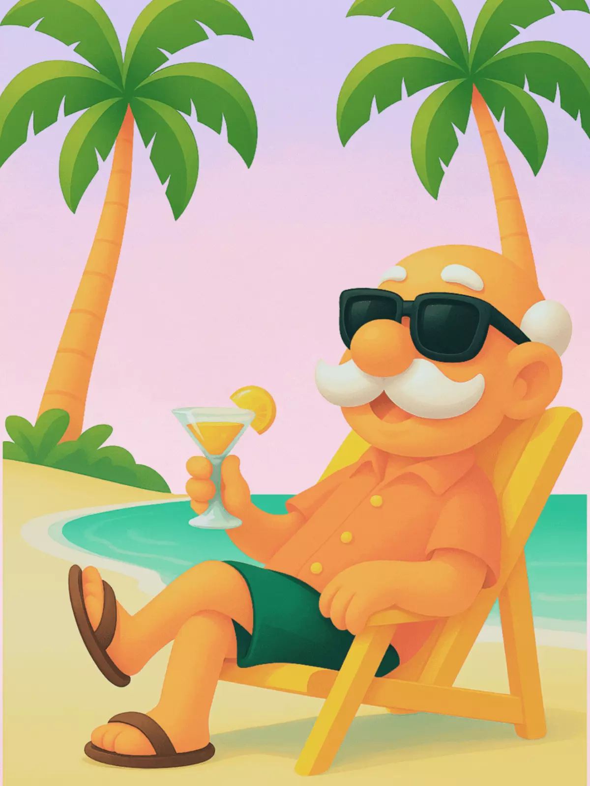 Vintage style retirement card featuring an old man relaxing on a beach, pastel colors, whimsical design, perfect for celebrating retirement