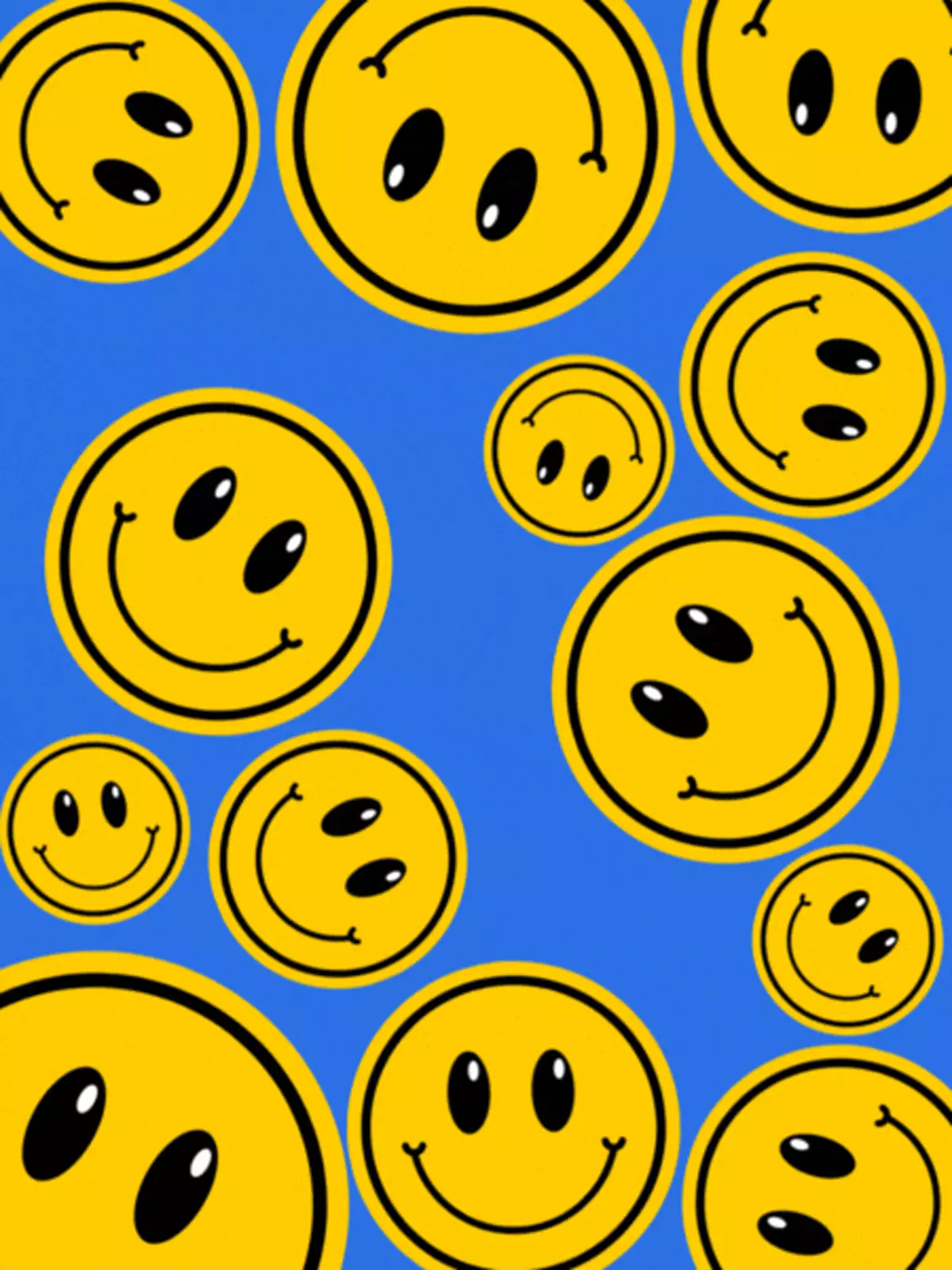 Animated eCard with repeating yellow smiley faces on a bright blue background, abstract design, cheerful and fun for thinking of you