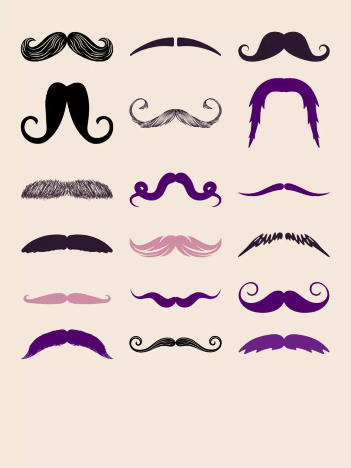Father's Day card featuring a grid of mustache illustrations in black, purple, and pink, playful cartoon style