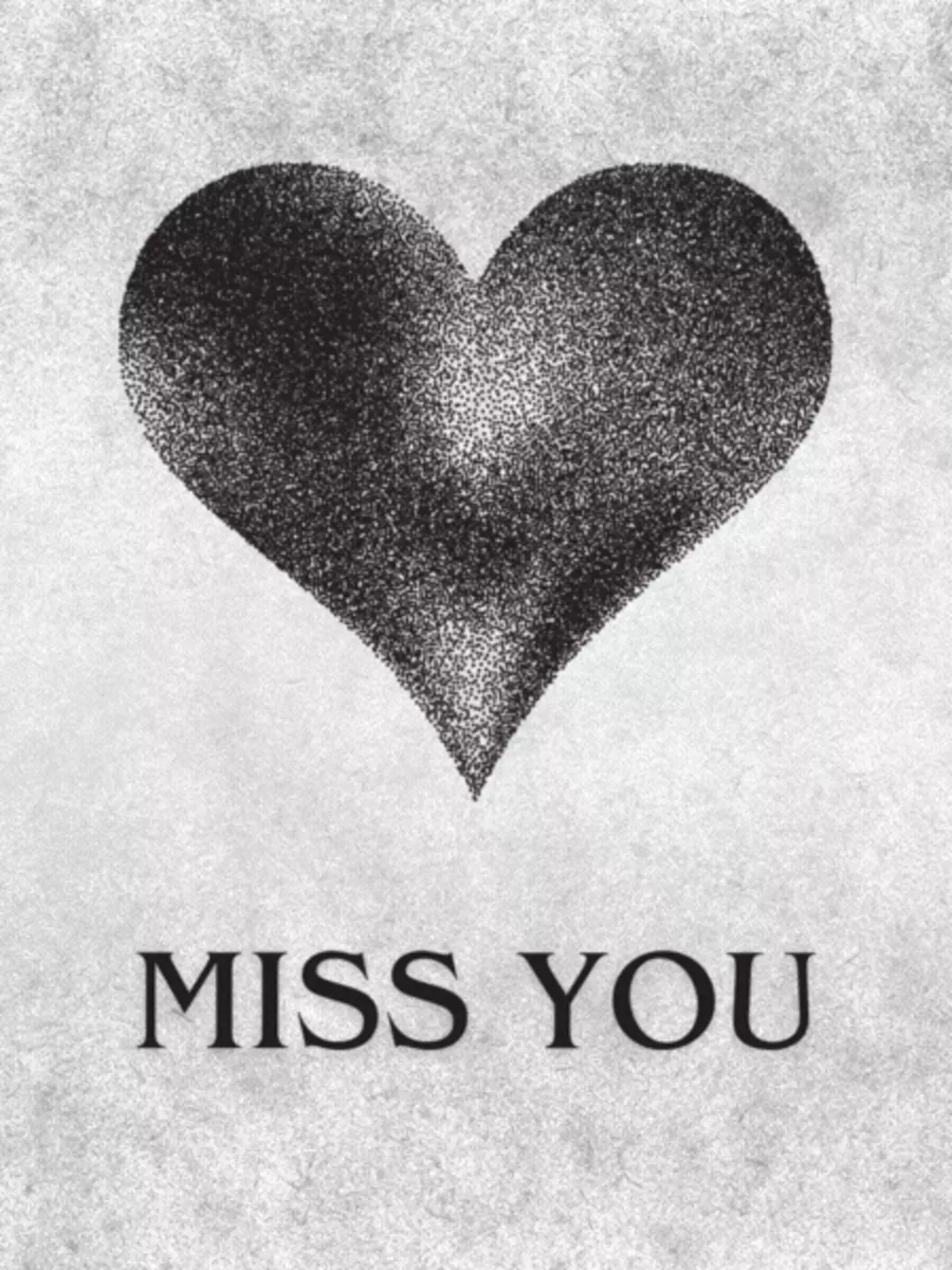 Black and white animated 'Miss You' card featuring a stippled heart, grunge background, and classic serif font.