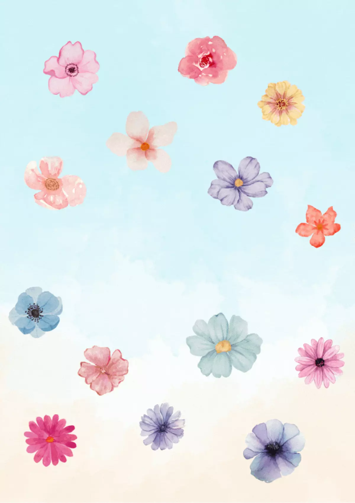 Animated baby shower card featuring pastel watercolor flowers (pink, blue, purple, yellow) floating on a gradient background, gentle and delicate design.