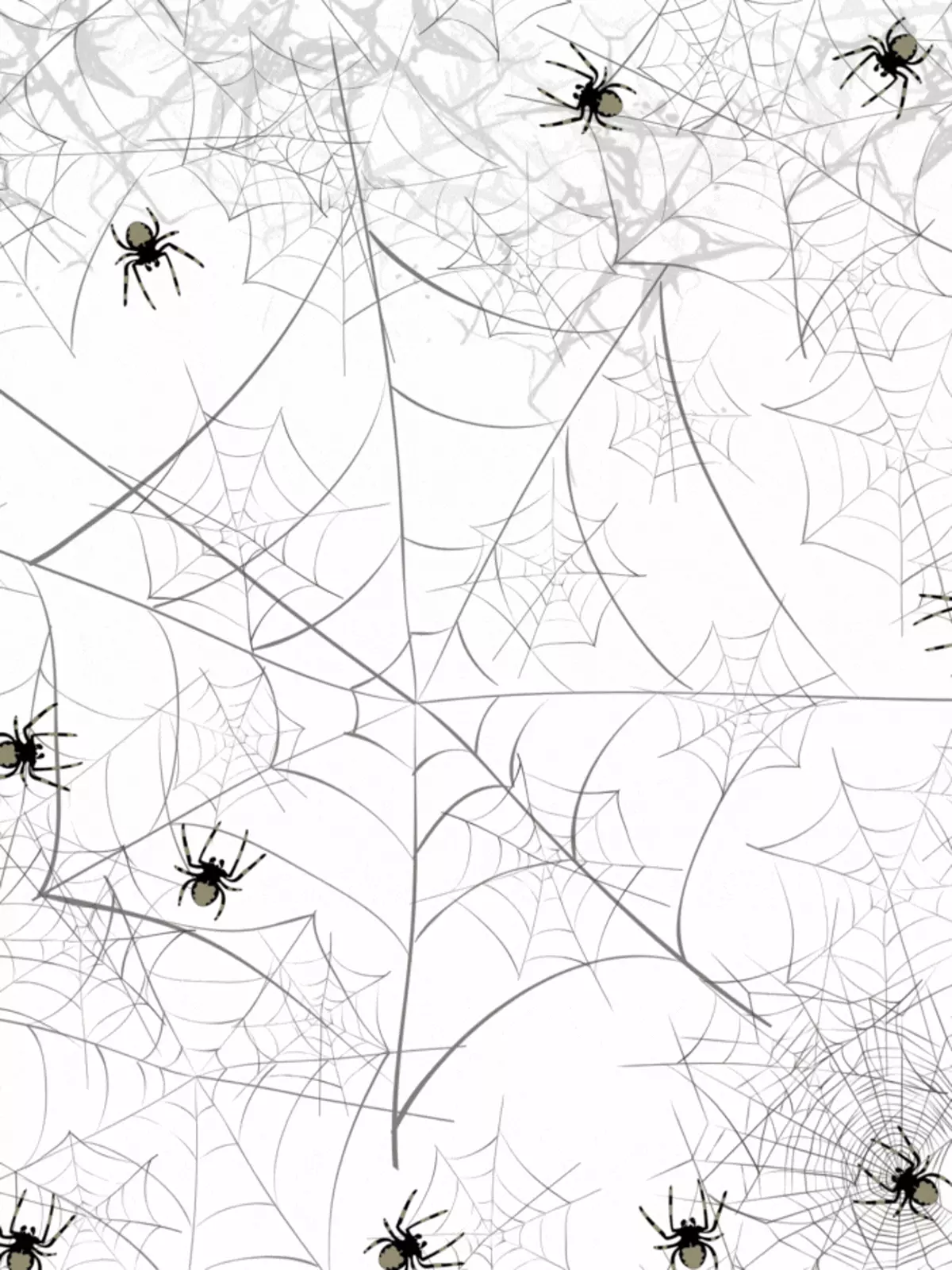 Funny Halloween card featuring hand-drawn spiders and webs in lowercase, abstract pattern design, quirky and lighthearted for a happy haunting.