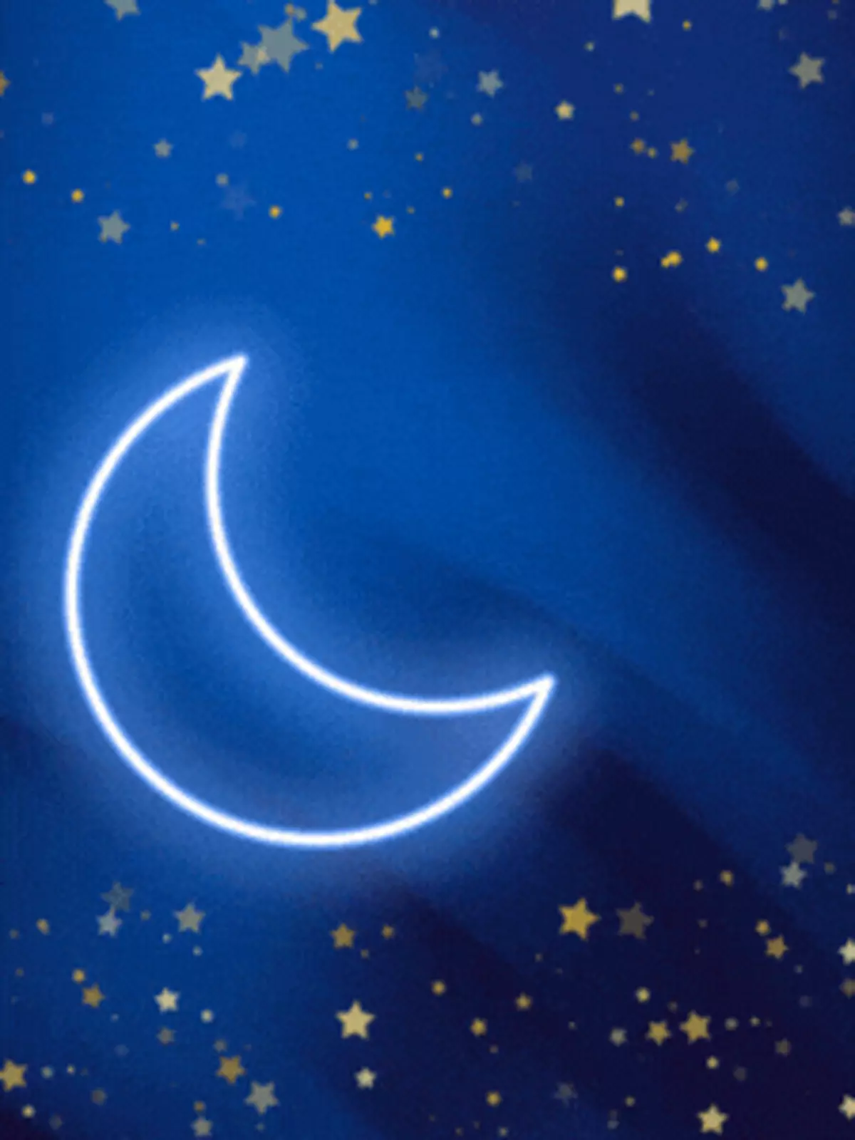 Vibrant Ramadan Kareem card featuring a neon crescent moon and stars against a dark background, minimalist modern design.