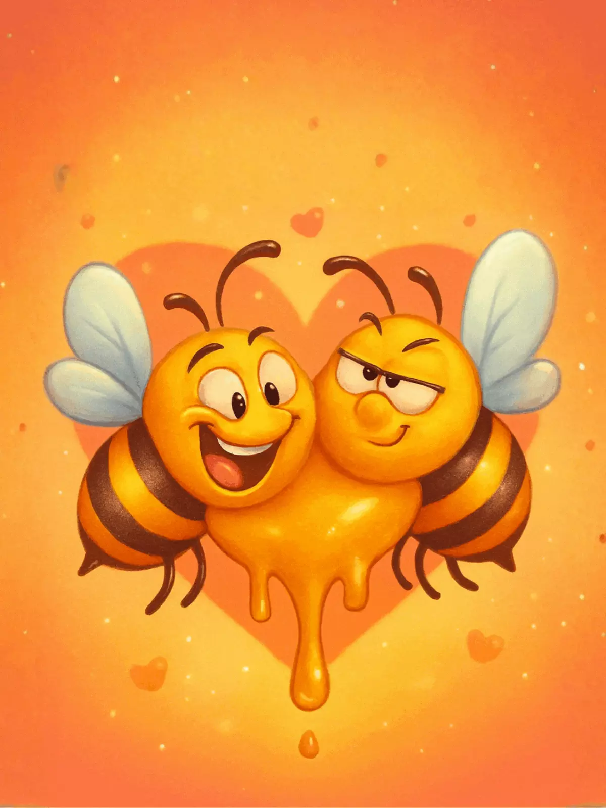 Whimsical love card featuring bees forming a heart shape dripping honey, cartoon illustration style, perfect for Valentine's Day or expressing love.