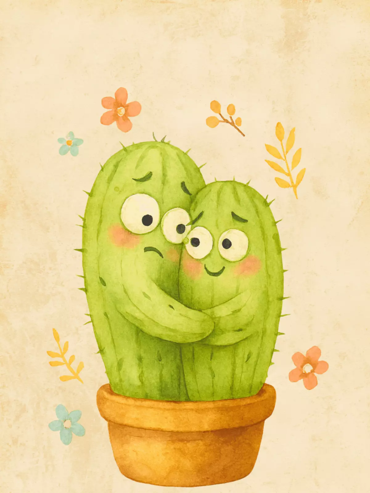 Humorous friendship card featuring two cartoon cacti hugging, watercolor style, warm colors, 'Hugs & Kisses!' message