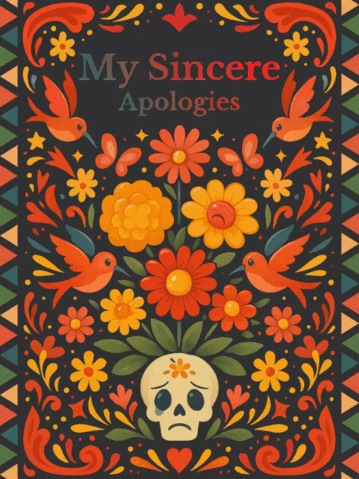 Vibrant apology card featuring Mexican folk art inspired watercolor flowers and whimsical animals, expressing heartfelt apologies.