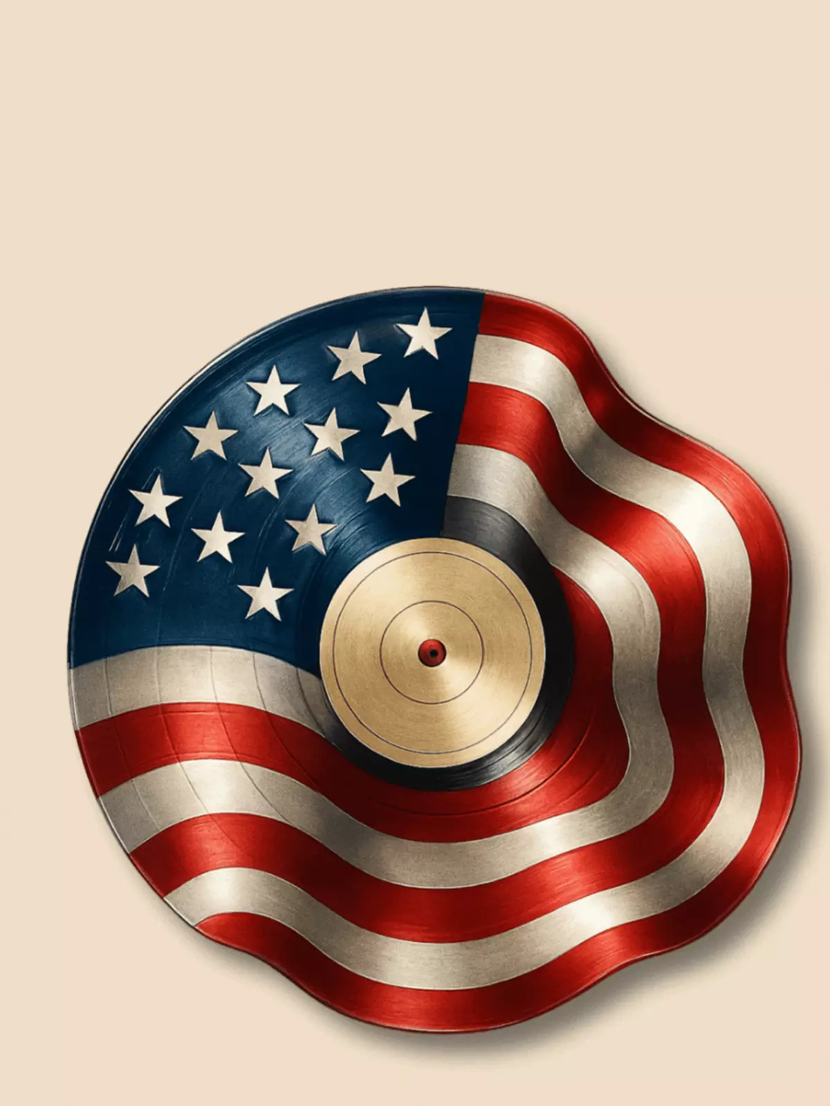 Watercolor American flag designed as a vinyl record for 4th of July greeting card, artistic and patriotic design.