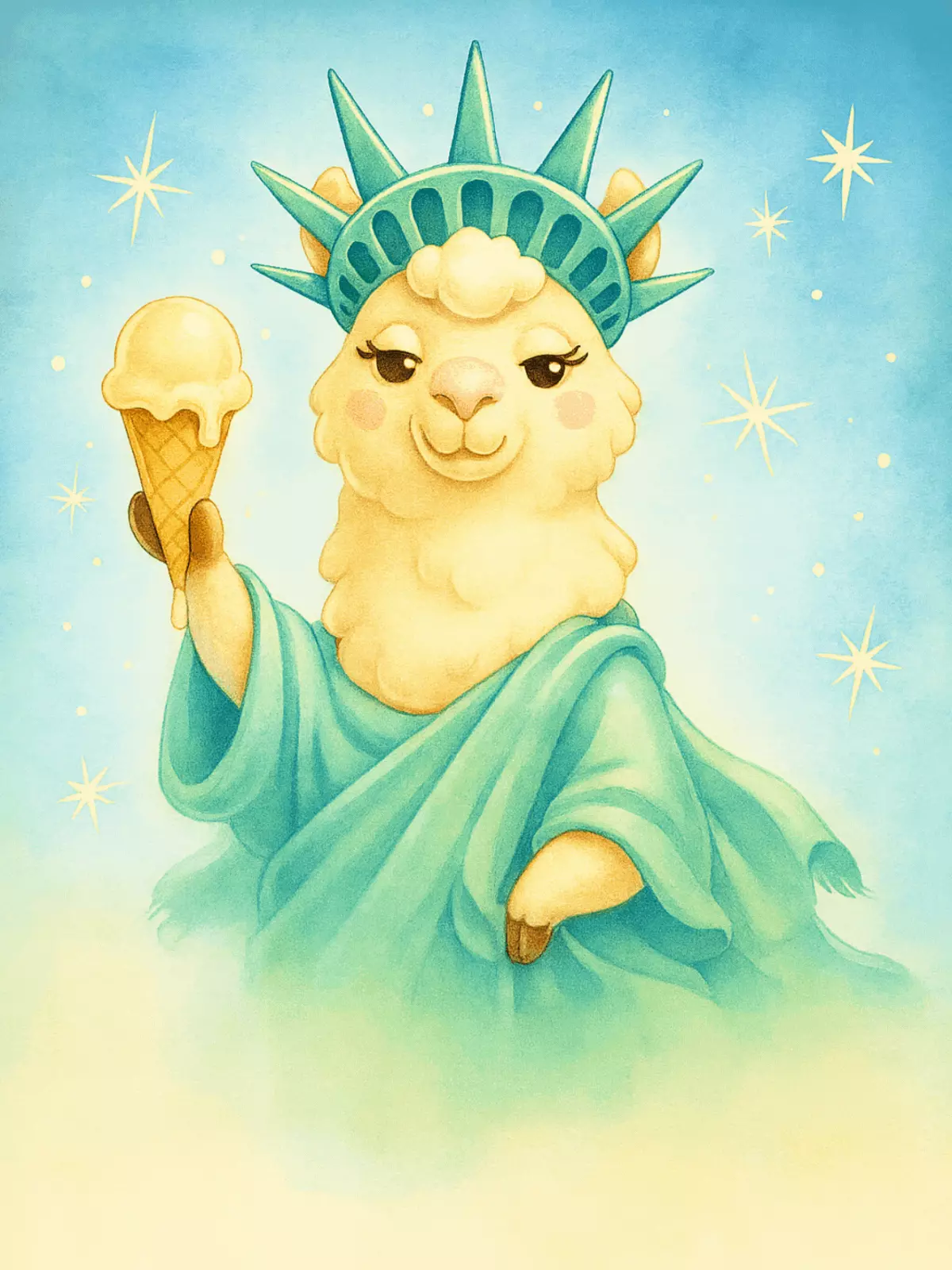 Watercolor illustration of a llama dressed as the Statue of Liberty holding an ice cream cone, funny 4th of July card