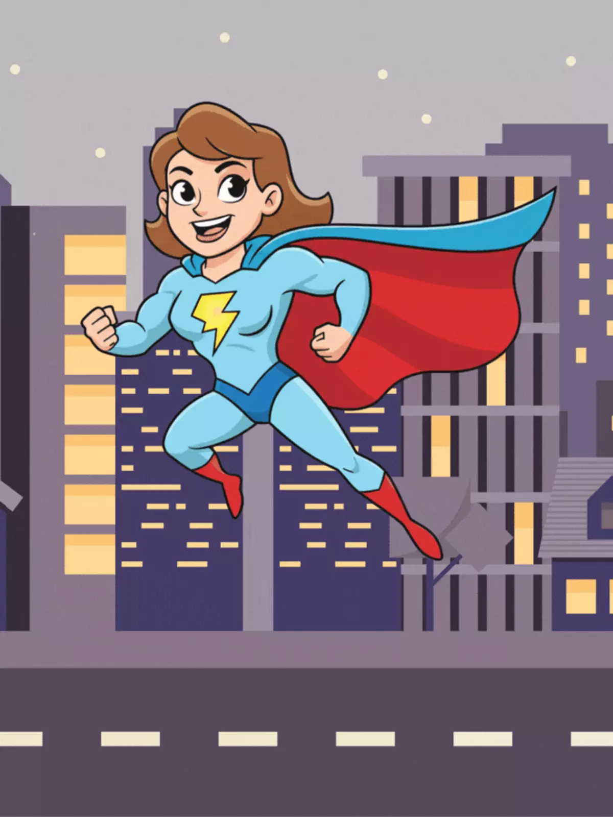 Grayscale cartoon Mother's Day card featuring a superhero mom with a pop of color accent, minimalist design, perfect for kids and general appreciation.