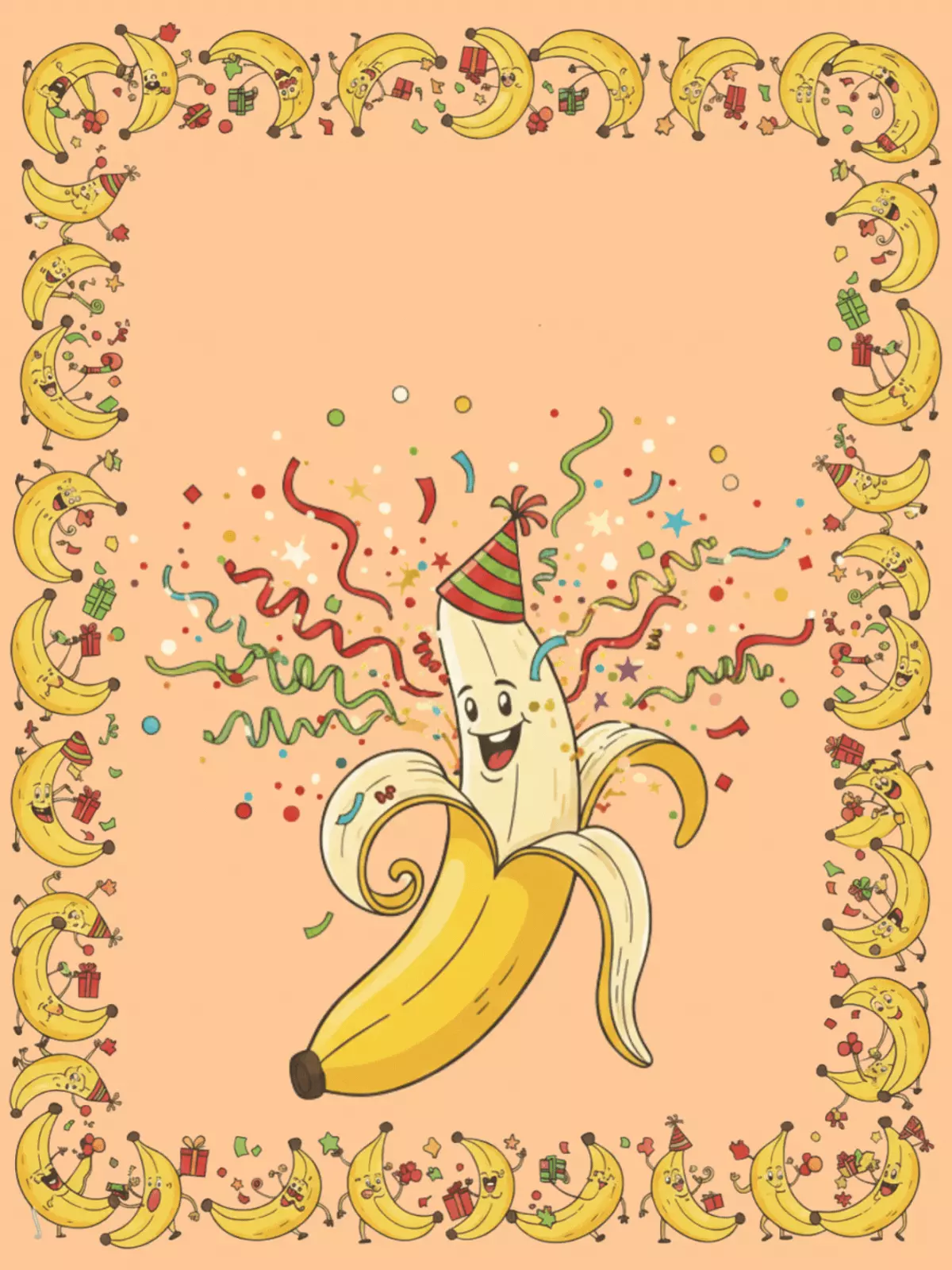 Cartoon birthday card featuring an explosion of bananas, playful border elements, and bright, cheerful colors, designed for a fun and funny birthday celebration.