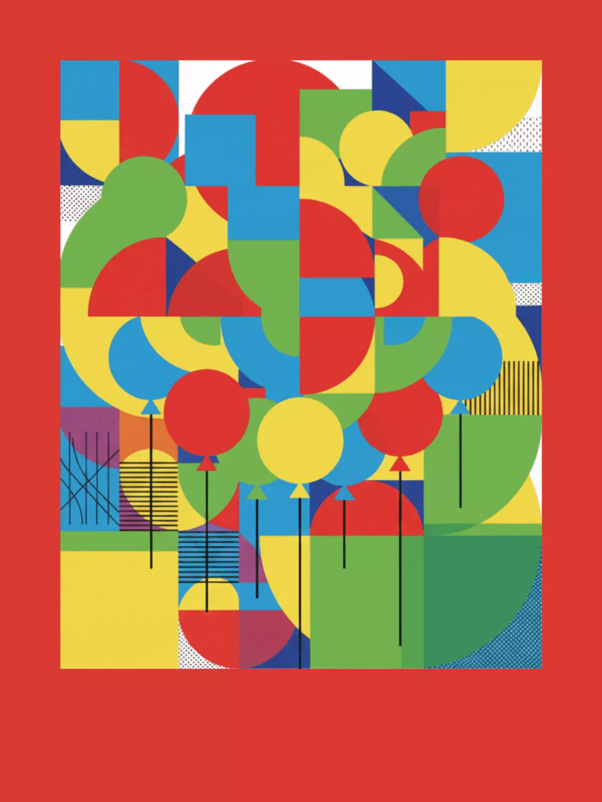 Bauhaus birthday card featuring geometric abstract balloons in bright colors, modern and funny design.