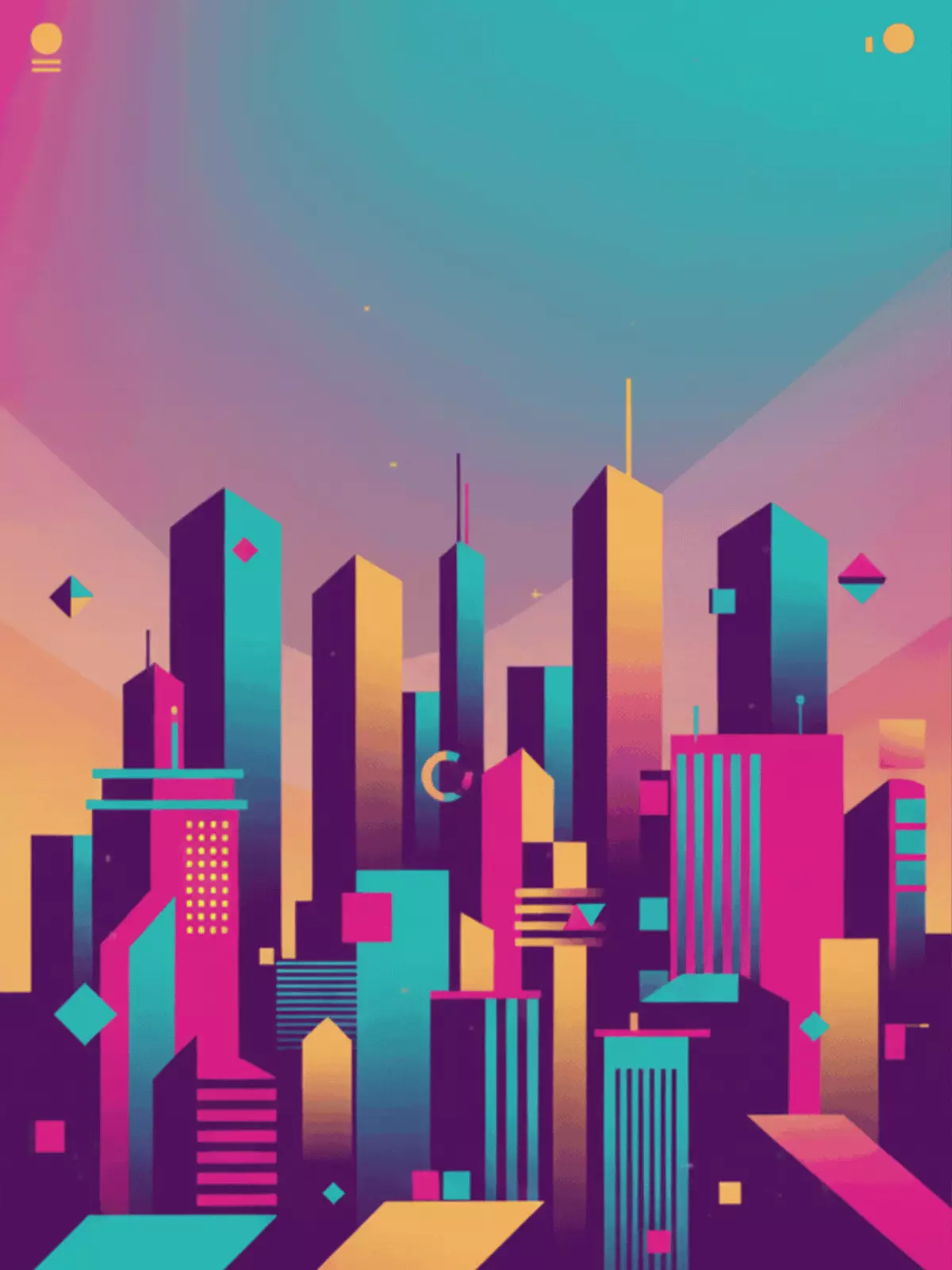 Digital vector art birthday card featuring geometric shapes, vibrant gradients, and the message 'Level Up!', retro-futuristic style.