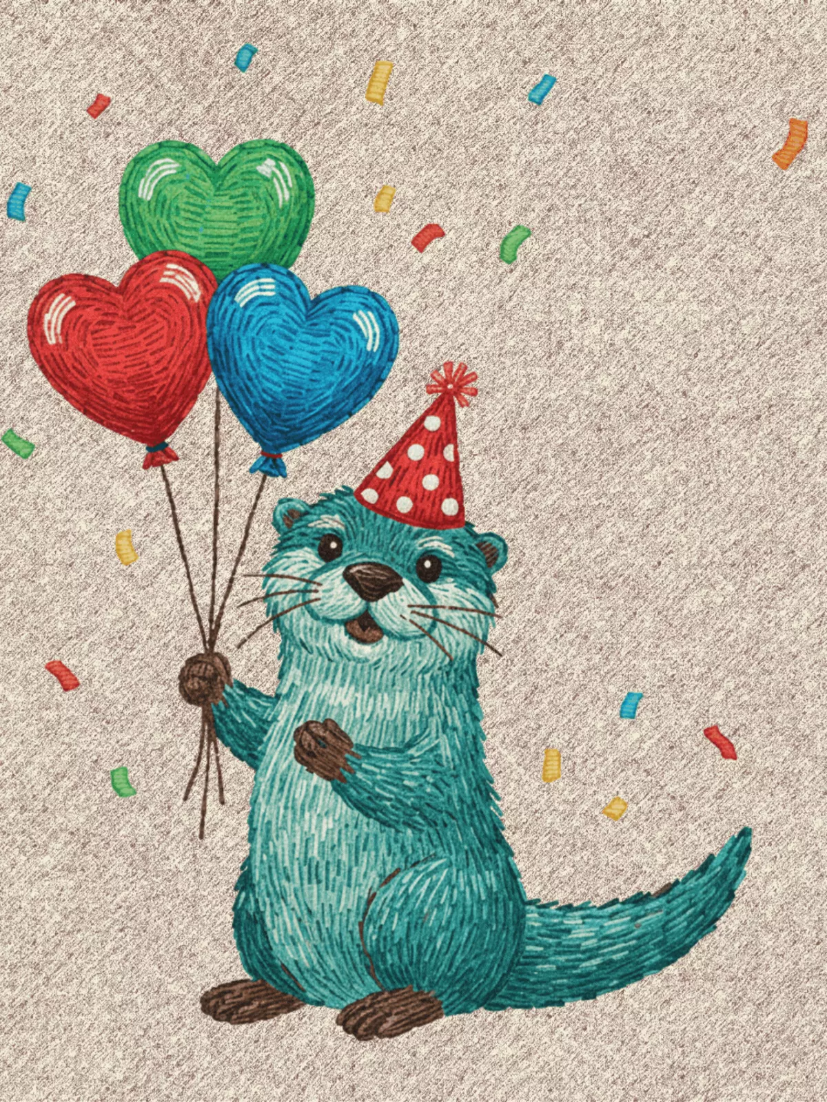 Cute embroidered birthday card with a celebrating animal, balloons, and confetti, perfect for kids and friends.
