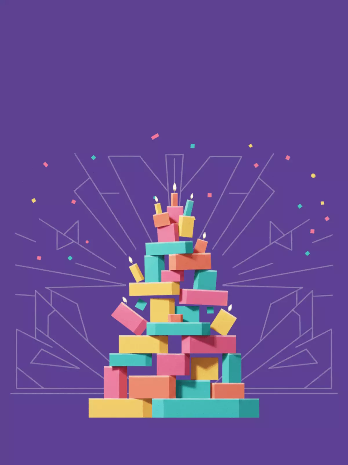 Funny geometric birthday card with rectangular blocks forming a cake, modern design, for celebrating birthdays with friends and colleagues