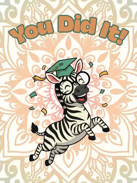 Funny congratulations card featuring a zebra in a graduation cap against a colorful tribal pattern, perfect for celebrating achievement and success.