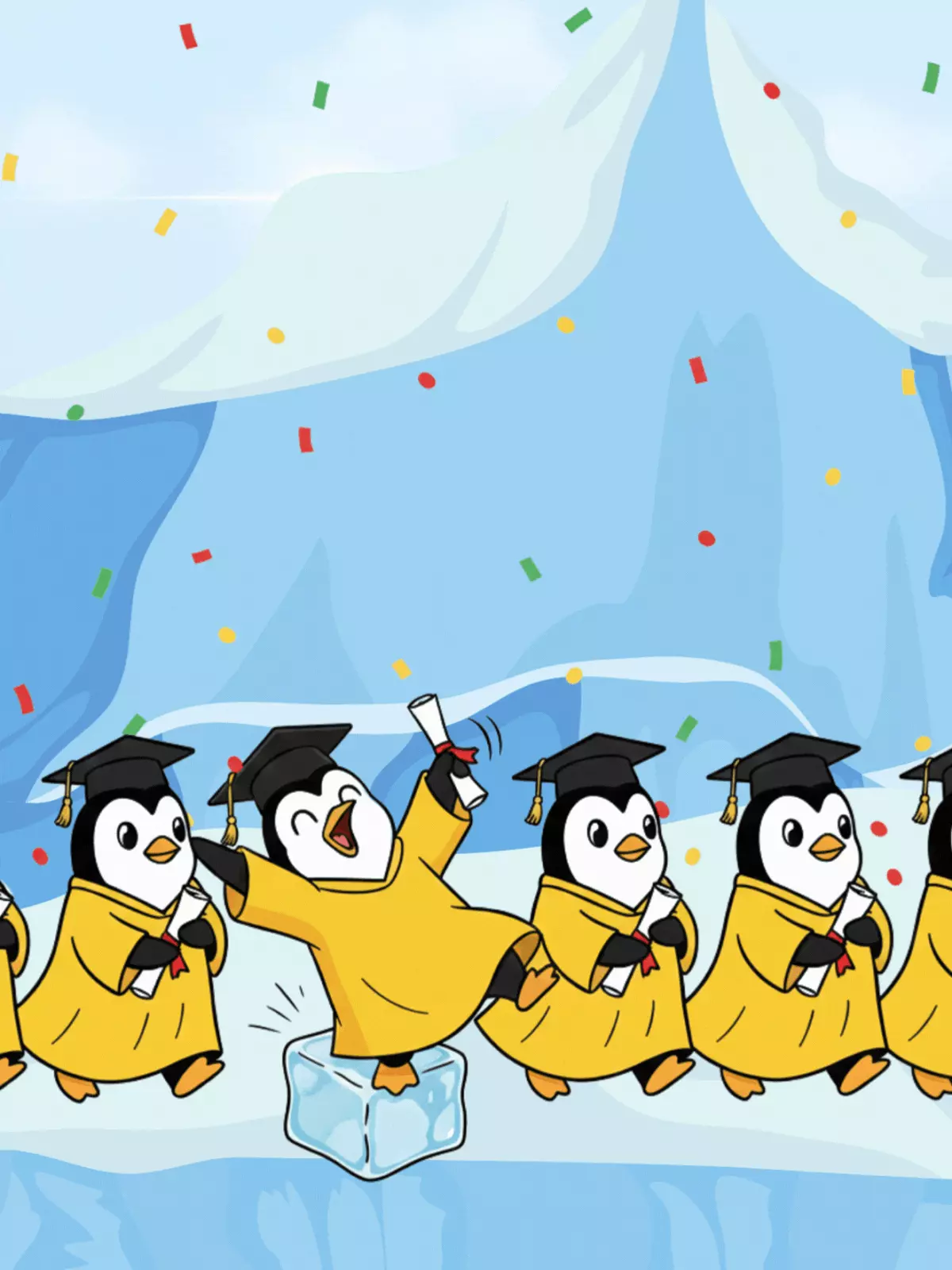 Humorous congratulations card featuring penguins wearing graduation caps in a parade, celebrating achievement, illustration style.