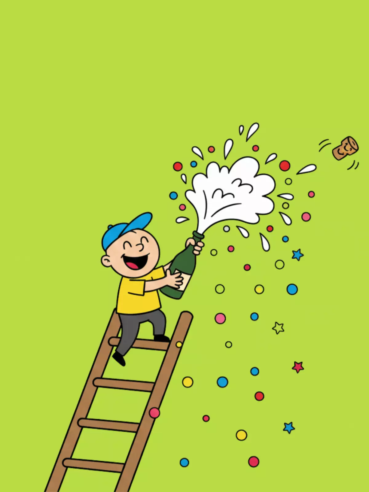 Funny congratulations card featuring a leaning ladder and the text 'You Made It!' in a playful illustration style, diagonal composition.