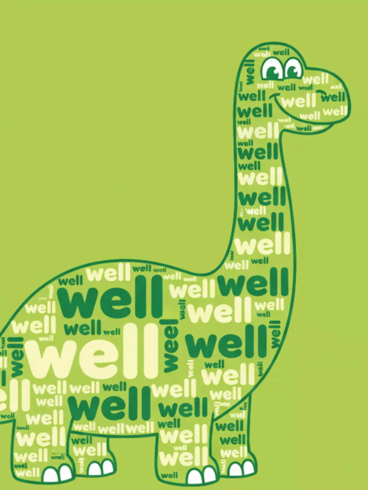 Typography-based get well card featuring the word 'well' arranged to look like a green cartoon dinosaur, funny design style, for kids and friends