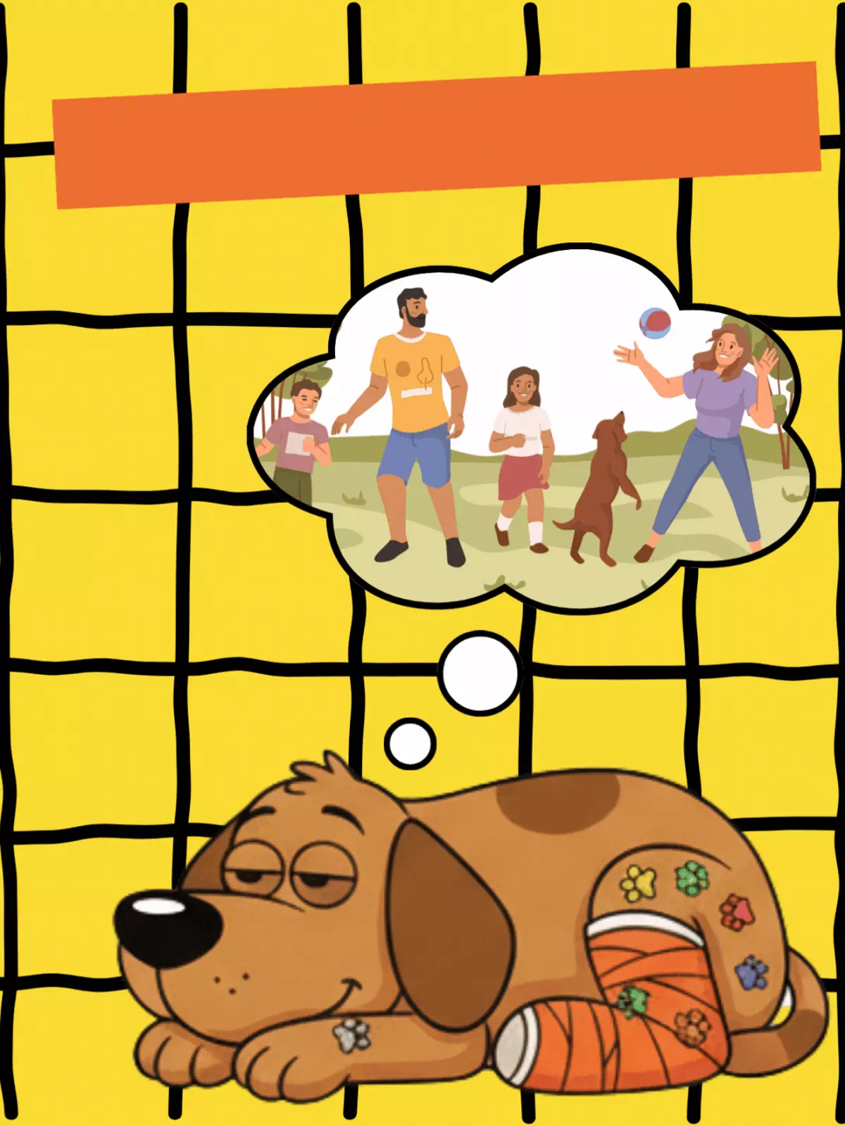 Humorous get-well card featuring a dog in a cast and sailor hat, dreaming of a beach vacation, playful illustration style.