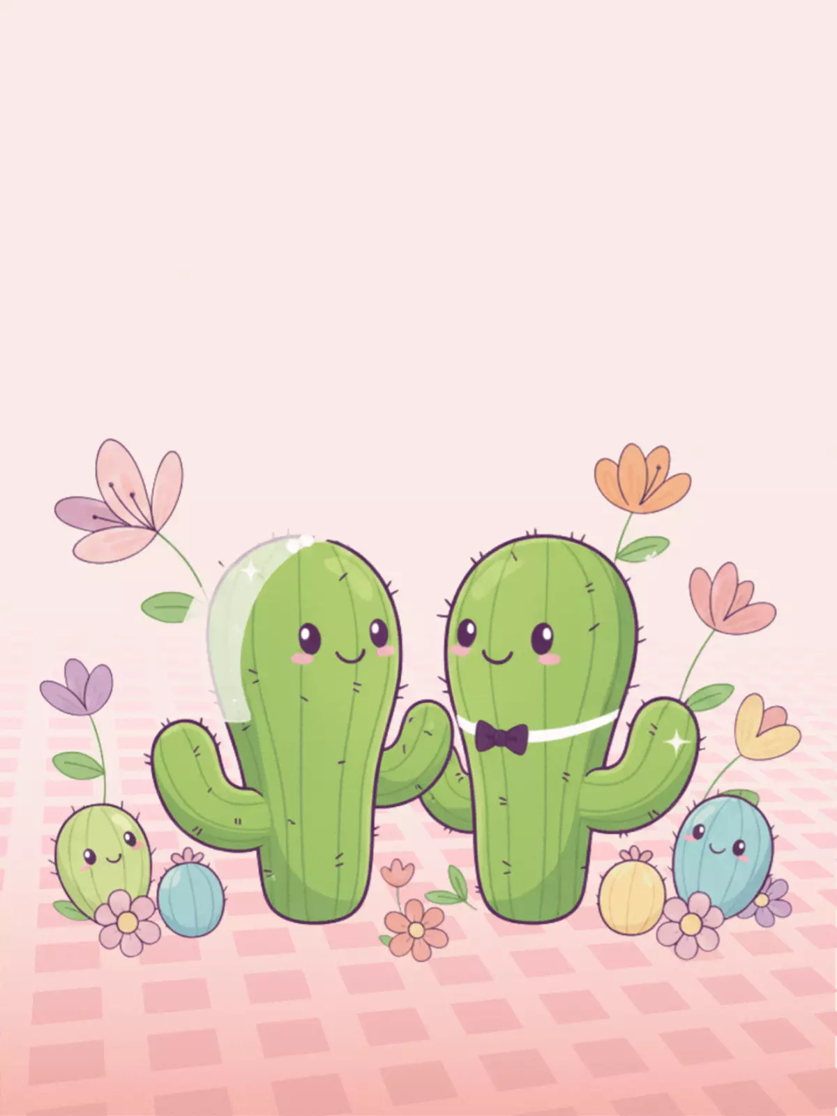 Humorous wedding card featuring cartoon cacti in love, rendered in soft pastel shades, illustration style, with the text "We're Rooting For You!"