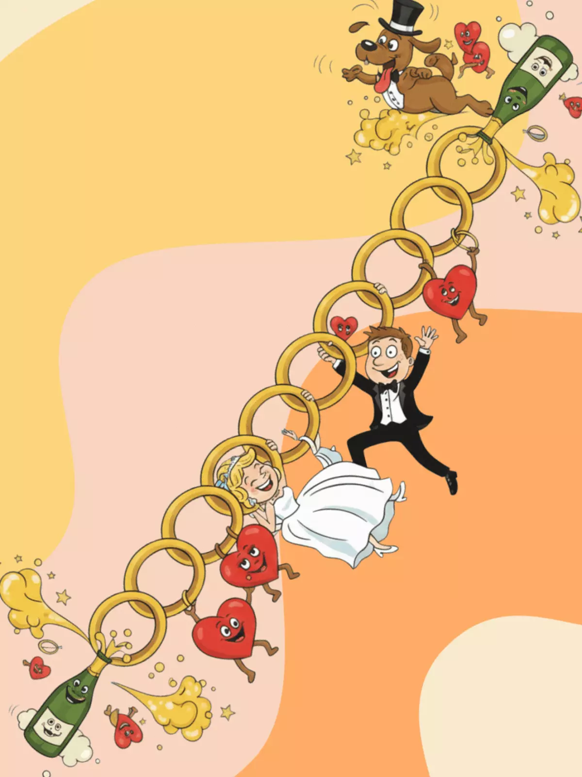 Cartoon-style wedding card with a diagonal design featuring illustrations of a happy couple and whimsical elements, conveying a funny and joyful mood.