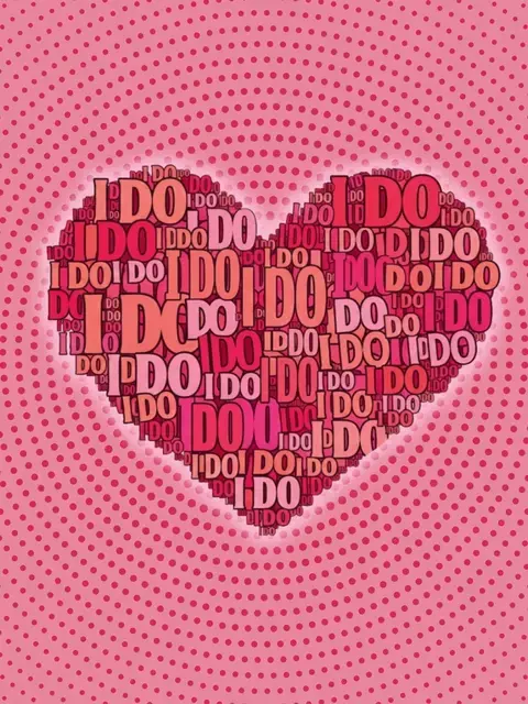 Wedding card with "I DO" text arranged in a heart shape, symbolizing love and commitment, illustration design style.