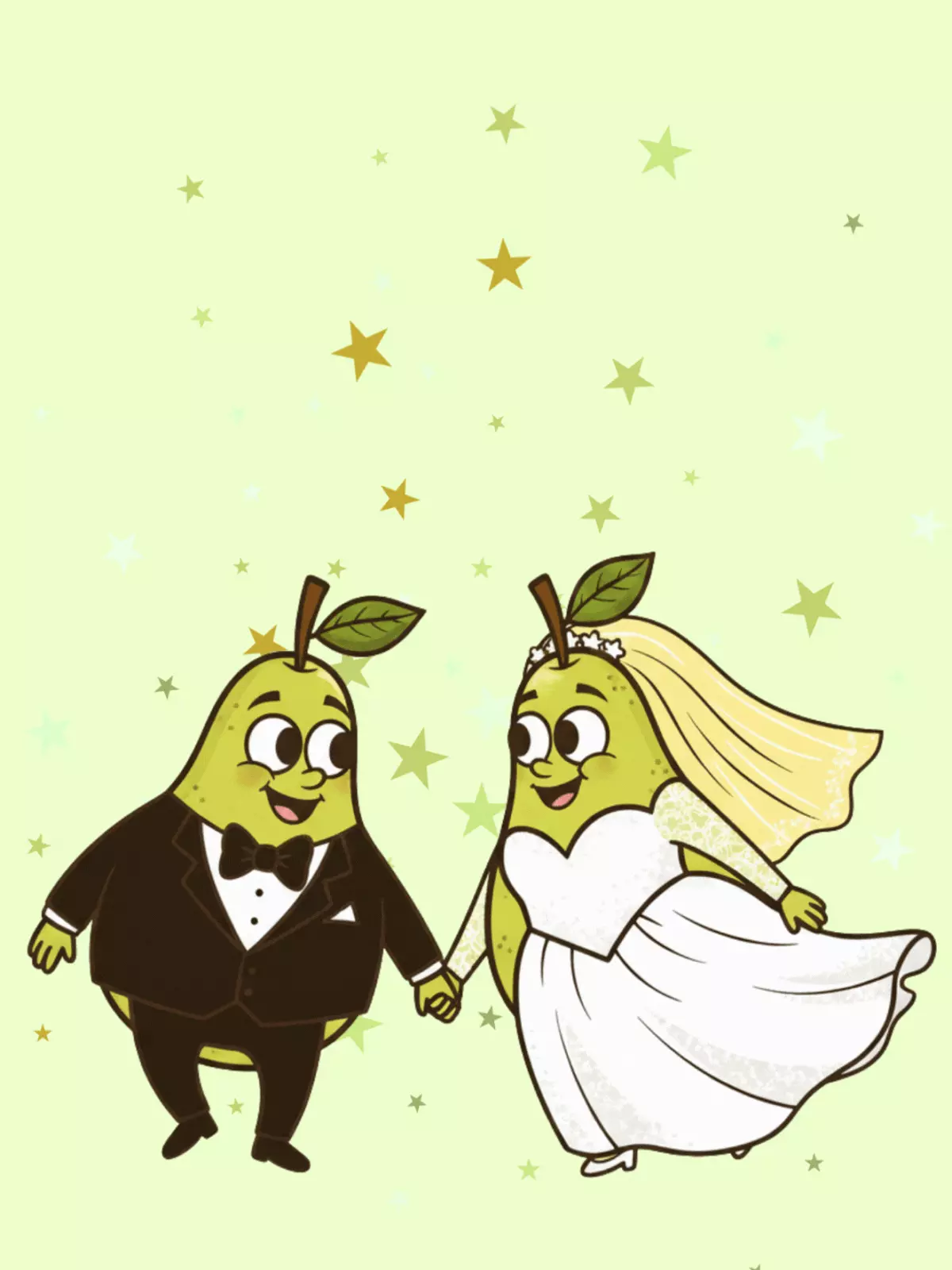 Cartoon wedding card featuring two pears dressed as bride and groom, humorous design style, perfect for wedding or engagement congratulations.