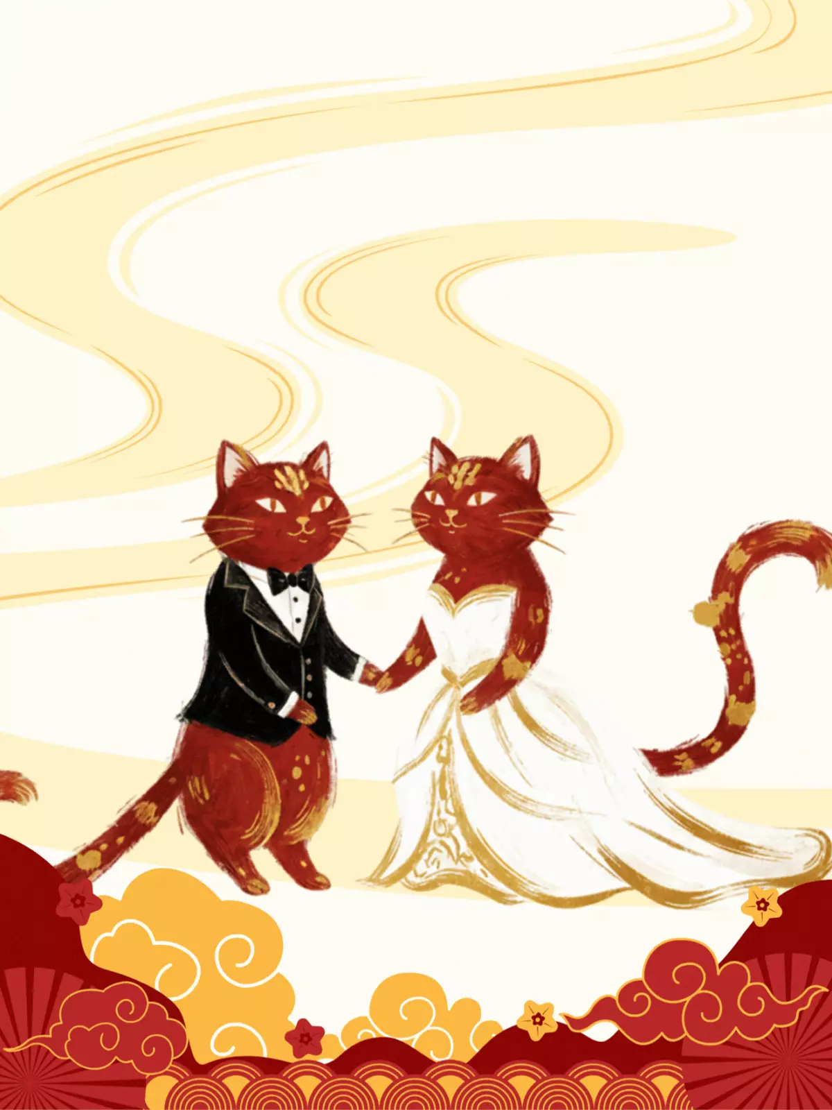 Illustration of two cats in wedding attire in a Chinese calligraphy style for a wedding card. Playful and funny design.