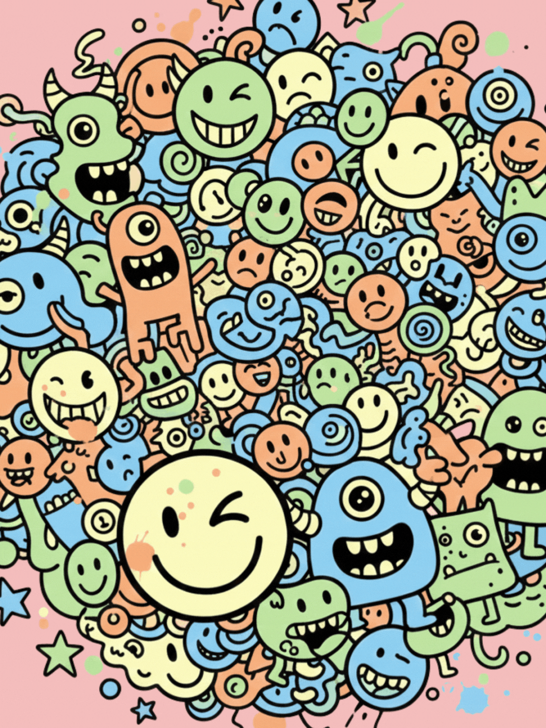 Hand-drawn 'Thinking of You' card featuring whimsical doodles, quirky characters, and playful handwritten font, perfect for friends and kids.