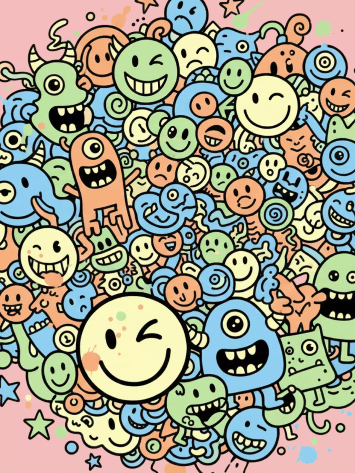 Hand-drawn 'Thinking of You' card featuring whimsical doodles, quirky characters, and playful handwritten font, perfect for friends and kids.