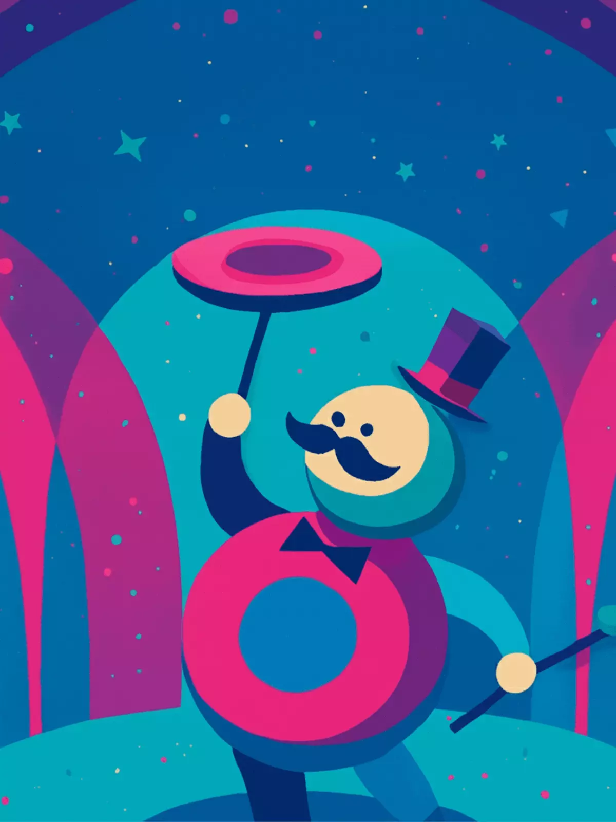 Playful 'Thinking of You' card featuring colorful circles in a vintage circus poster style, designed to bring joy and brighten someone's day.