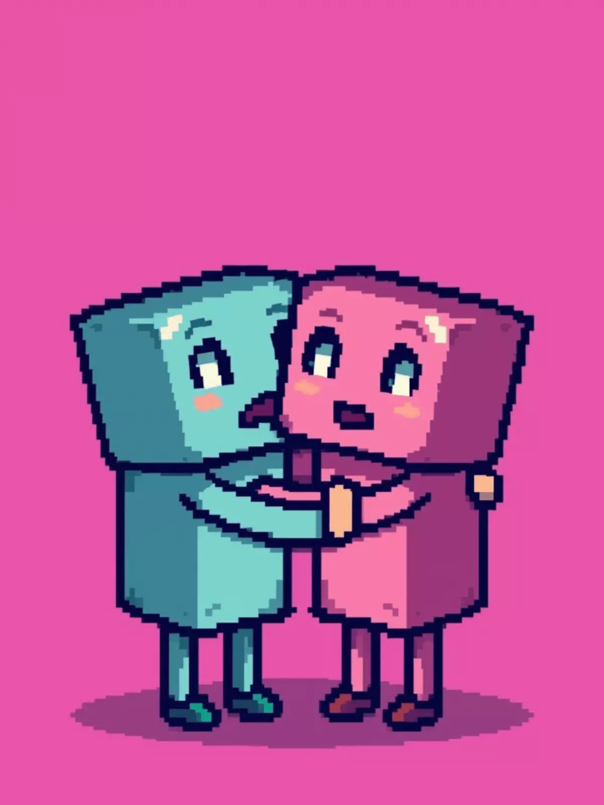 Retro pixelated 'Thinking of You' card featuring two blocky characters in a humorous embrace, 8-bit style, colorful design