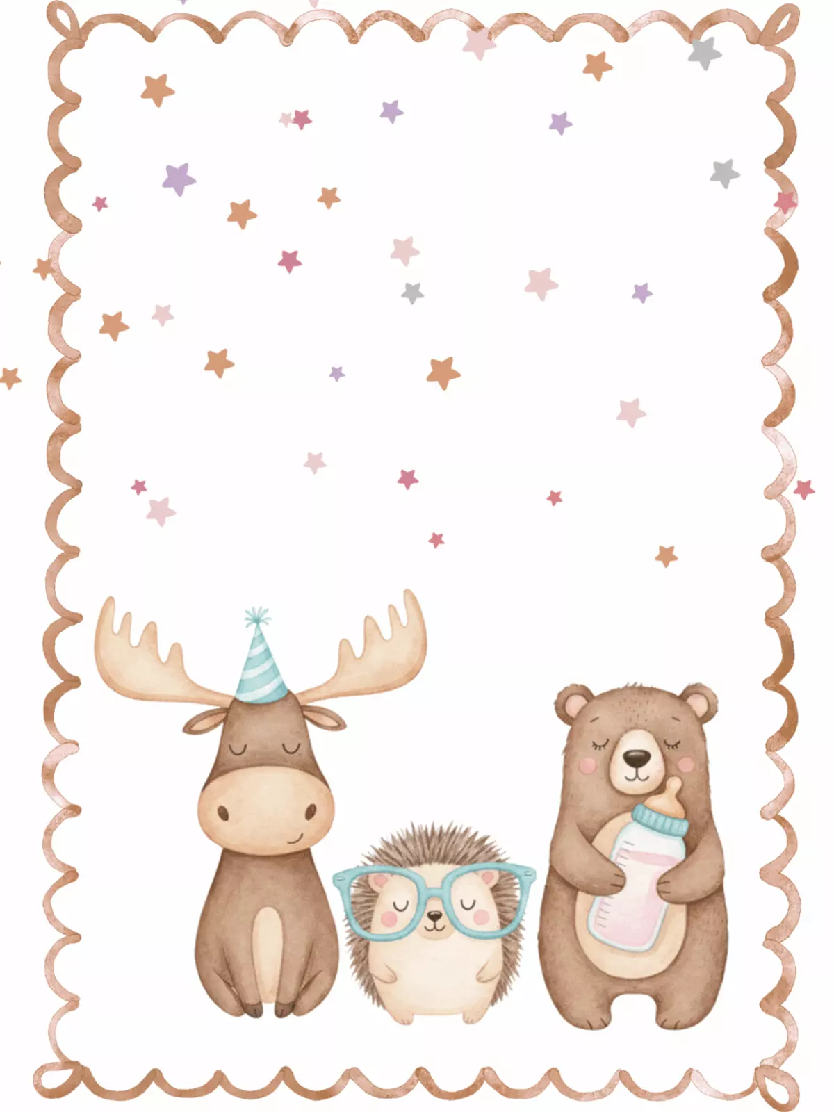 Cute watercolor baby card featuring Scandinavian animal illustrations, including bears, foxes, and rabbits. Playful typography spells out "Oh Baby!" in a whimsical style.