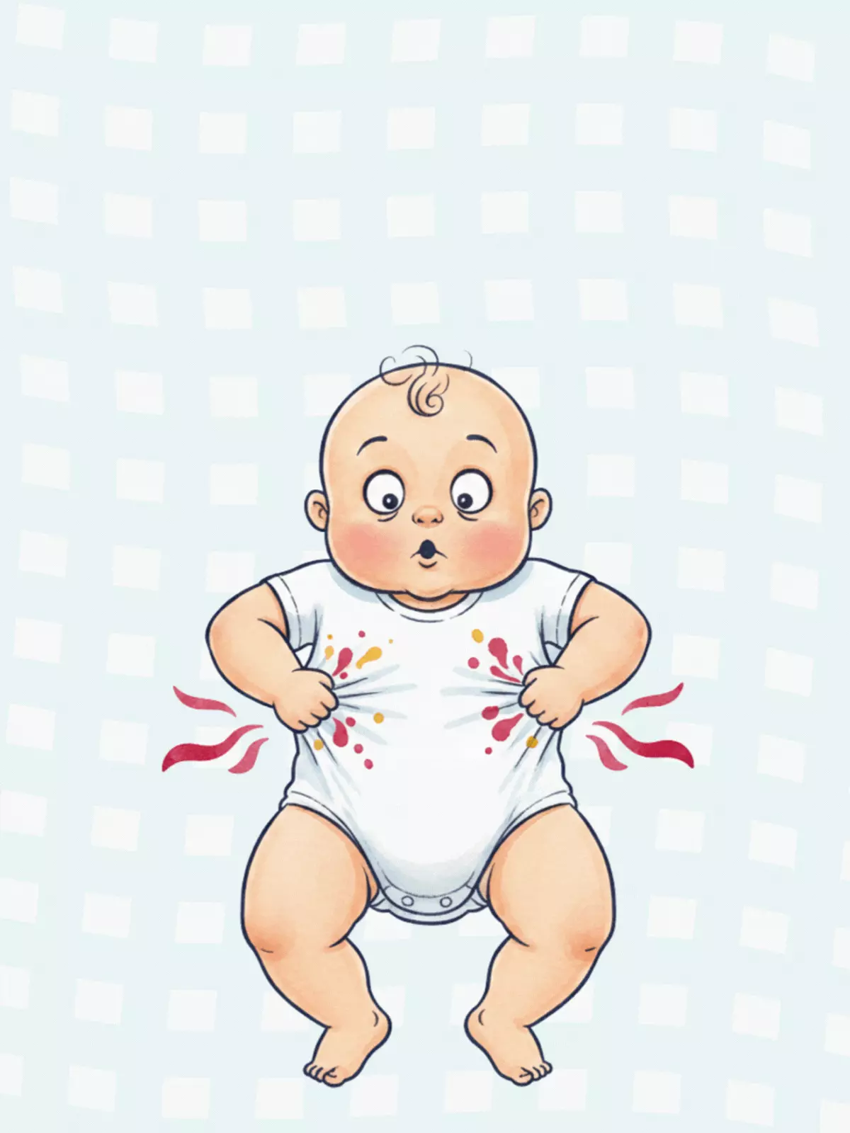 Humorous watercolor new baby card featuring an oversized baby bursting out of its clothes, funny and artistic style.