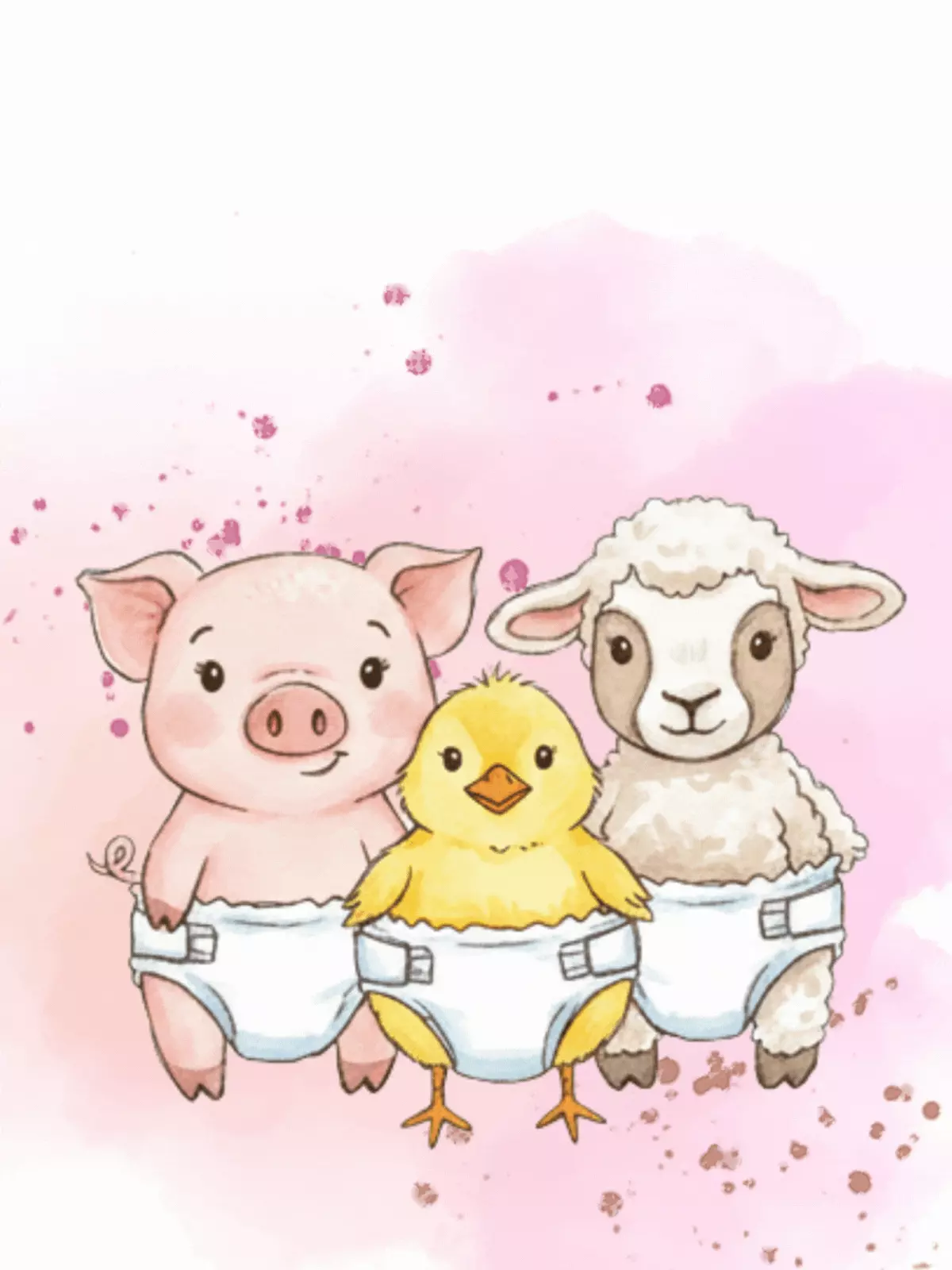 Watercolor new baby card featuring hand-drawn baby animals and 'Hello Baby!' text, naive art style, perfect for baby showers and new baby announcements