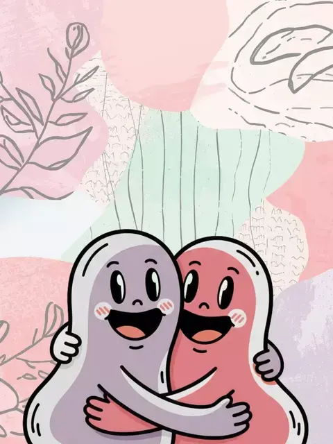 Whimsical 'Need a Hug' miss you card featuring colorful amorphous shapes forming a hug, bright colors, and playful typography.