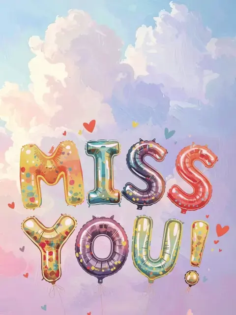 Whimsical 'Miss You' card featuring balloon letters in pastel colors, playful design for friends and loved ones.