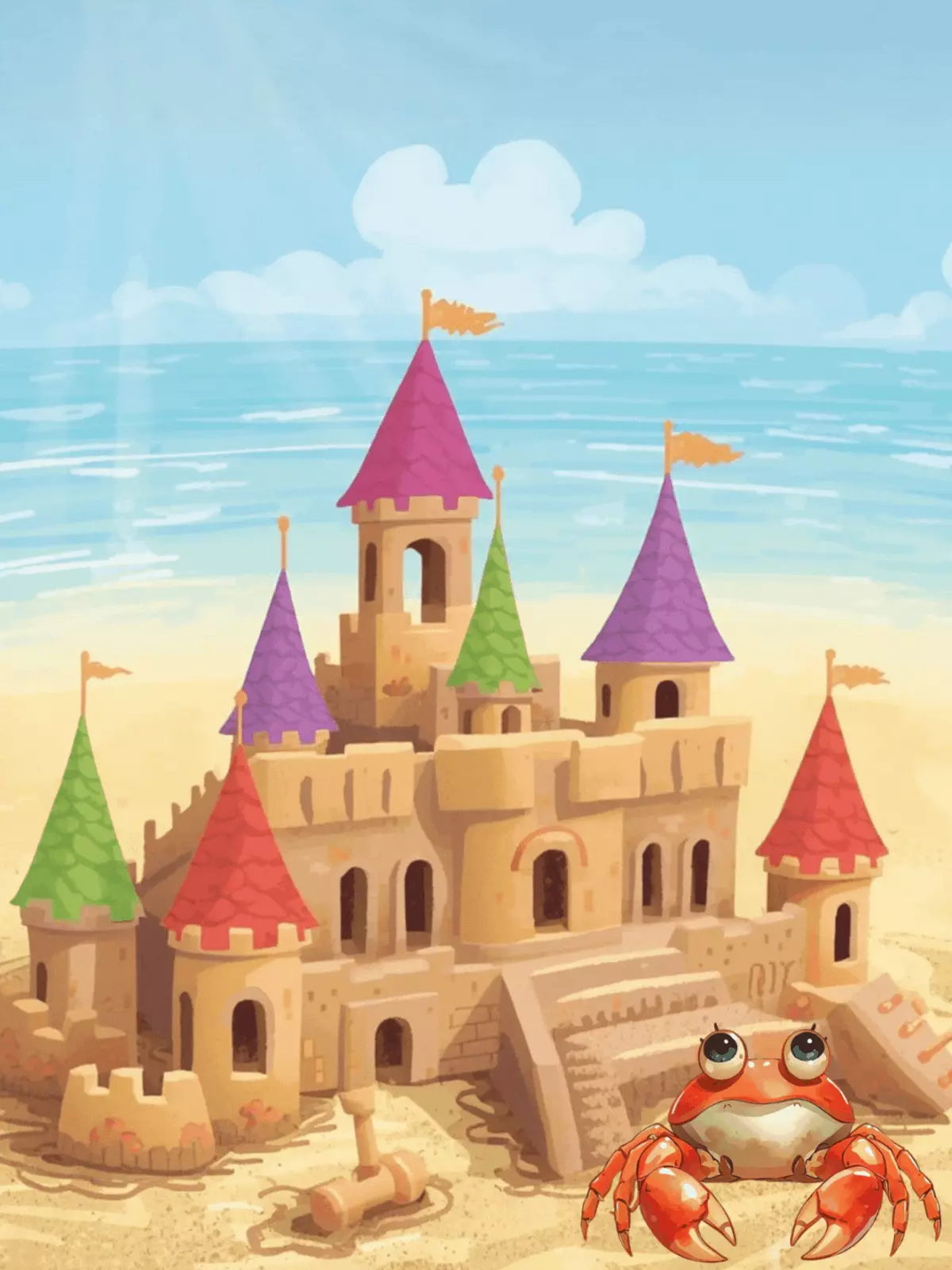 Humorous miss you card featuring a sad, bottom-heavy sandcastle missing its builder on a sunny beach. Whimsical and lighthearted design.
