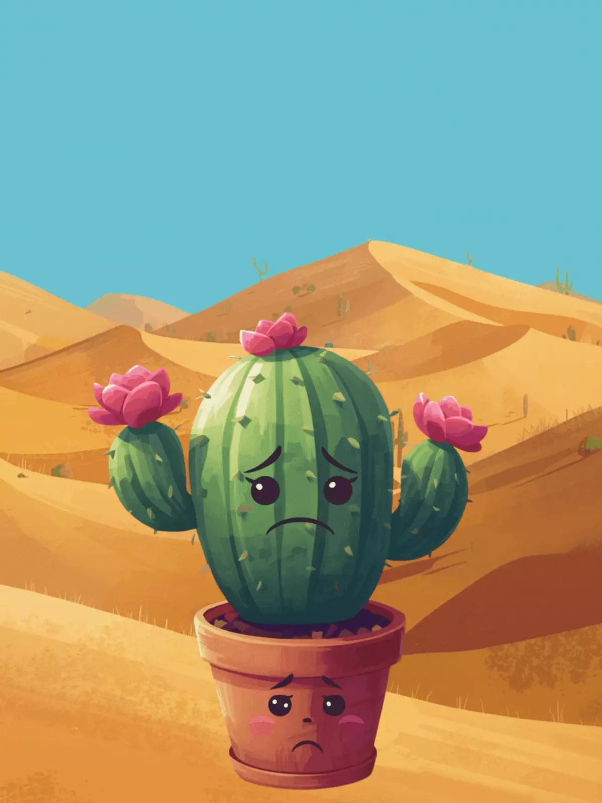 Cartoon cactus with a sad expression, missing its friend, organic shapes, whimsical miss you card design