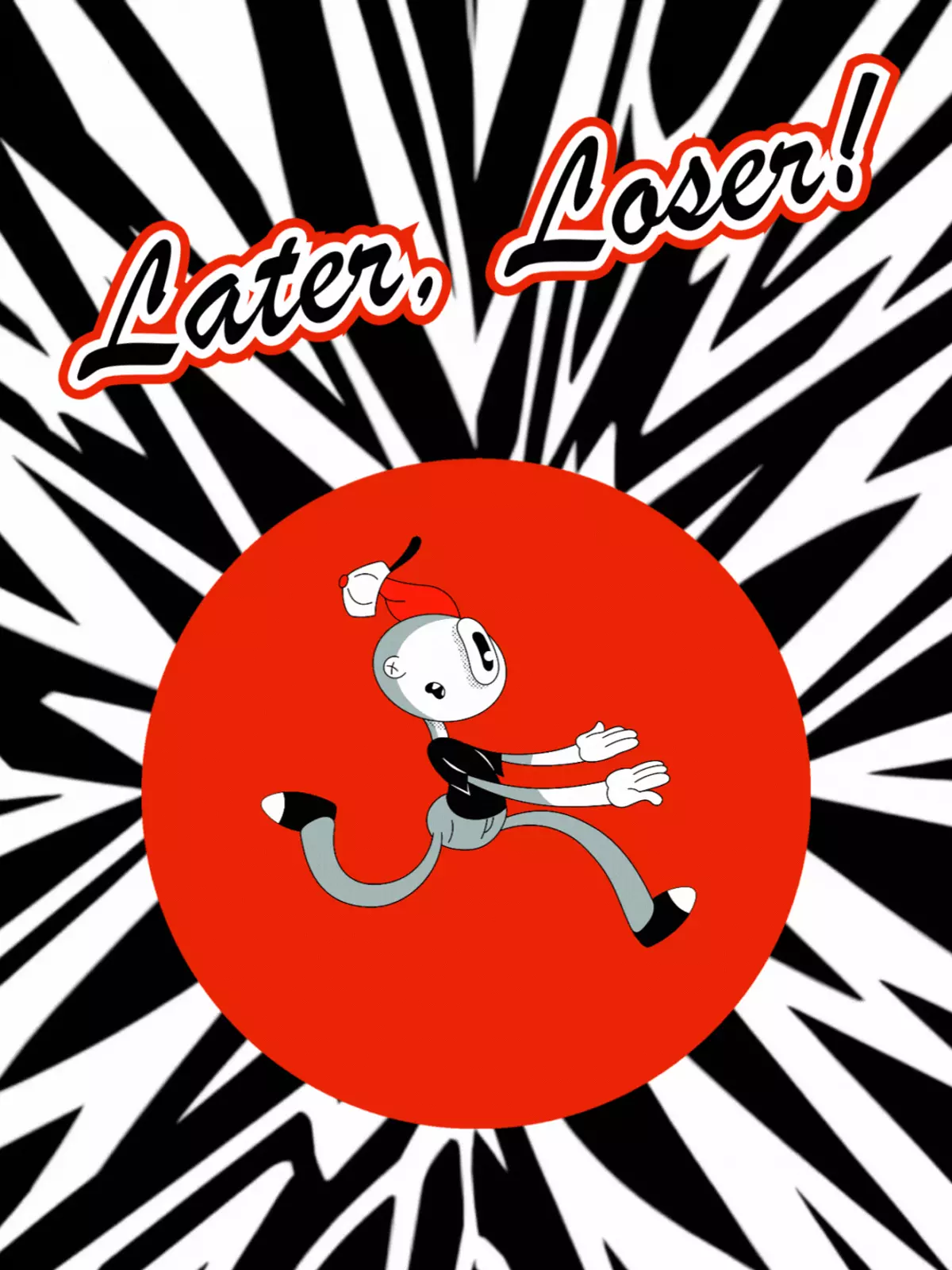 Minimalist farewell card with "Later, Loser!" message, black, white, and red abstract design, funny and modern style, suitable for colleagues