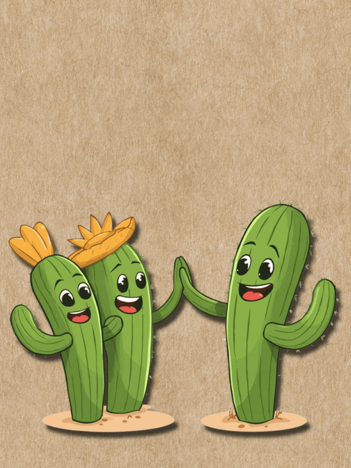 Humorous employee appreciation card featuring cartoon cacti high-fiving, set against a kraft paper background. Text reads "Prickly Awesome!"