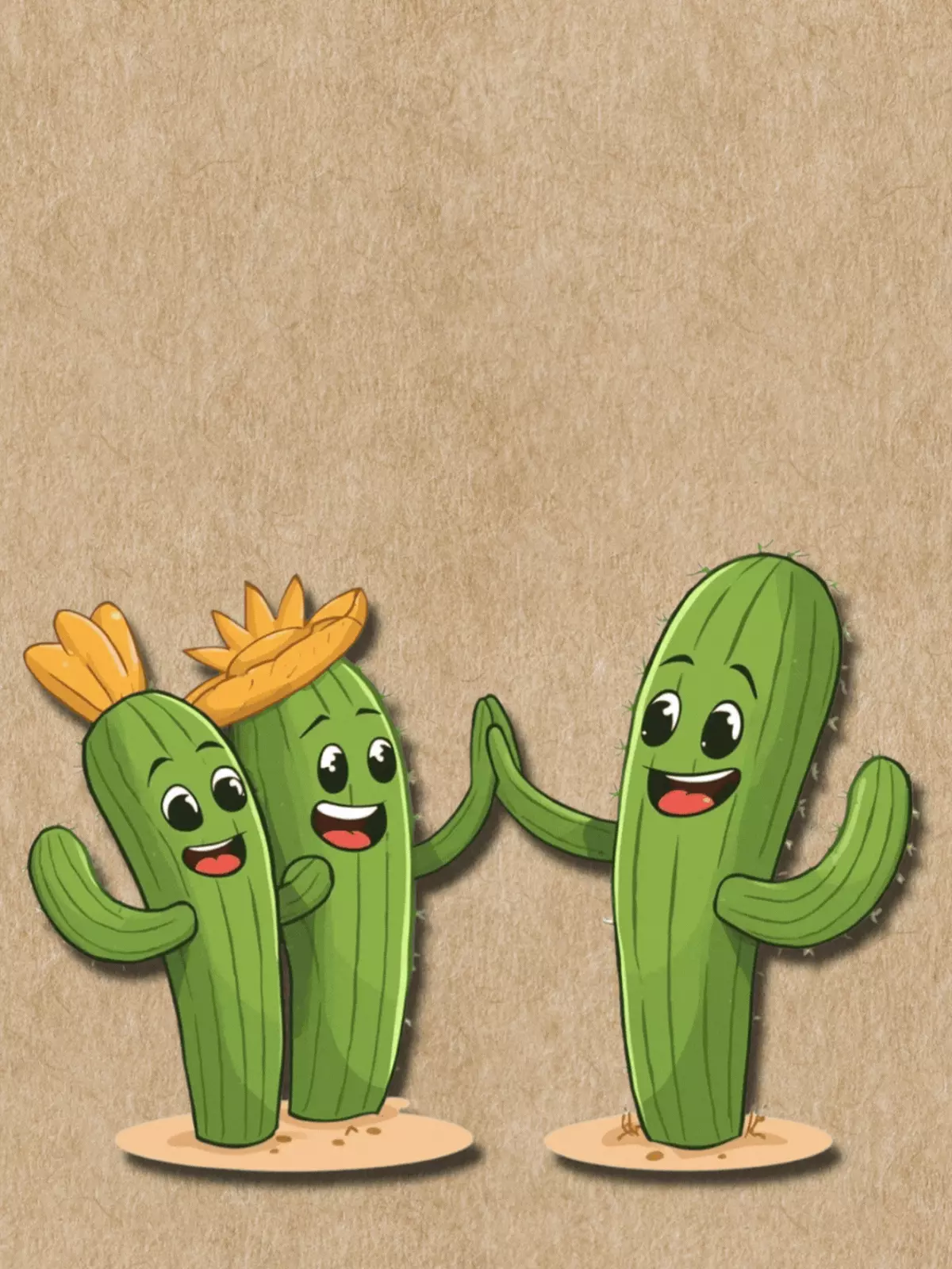 Humorous employee appreciation card featuring cartoon cacti high-fiving, set against a kraft paper background. Text reads "Prickly Awesome!"